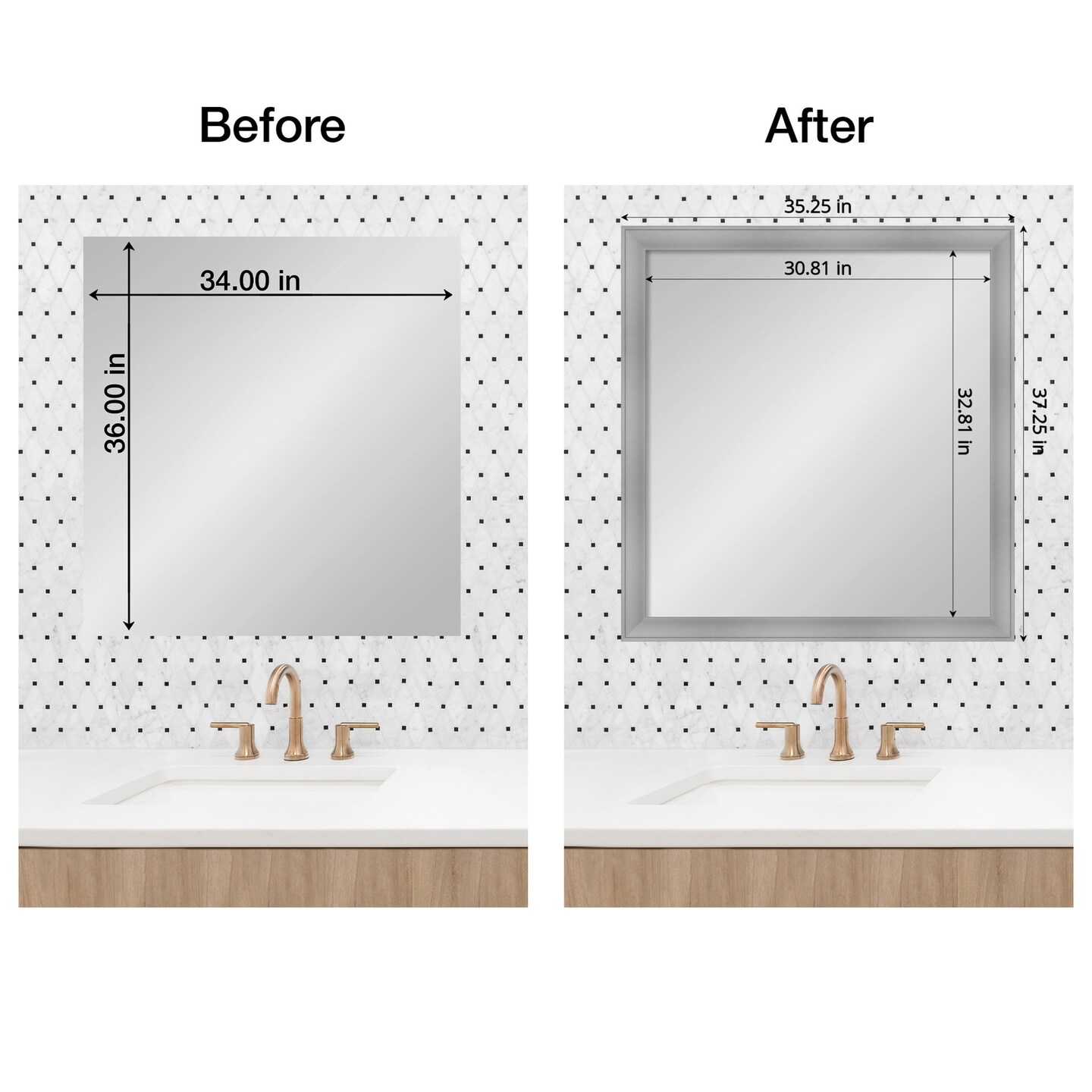 Amanti Art Mirror Makeover Bathroom Mirror Frame Border Kit - Fully Assembled Peel and Stick Frame - Mirror NOT Included - Flair Trim
