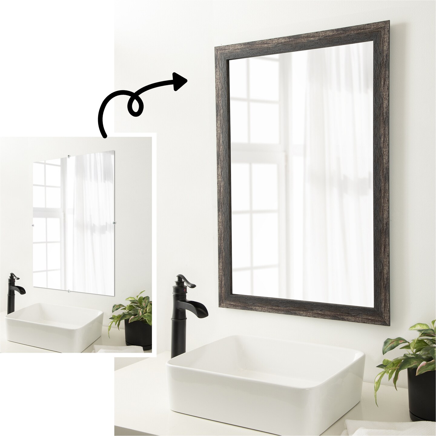 Amanti Art Mirror Makeover Bathroom Mirror Frame Border Kit - Fully Assembled Peel and Stick Frame - Mirror NOT Included - Bark Rustic Char Narrow Trim