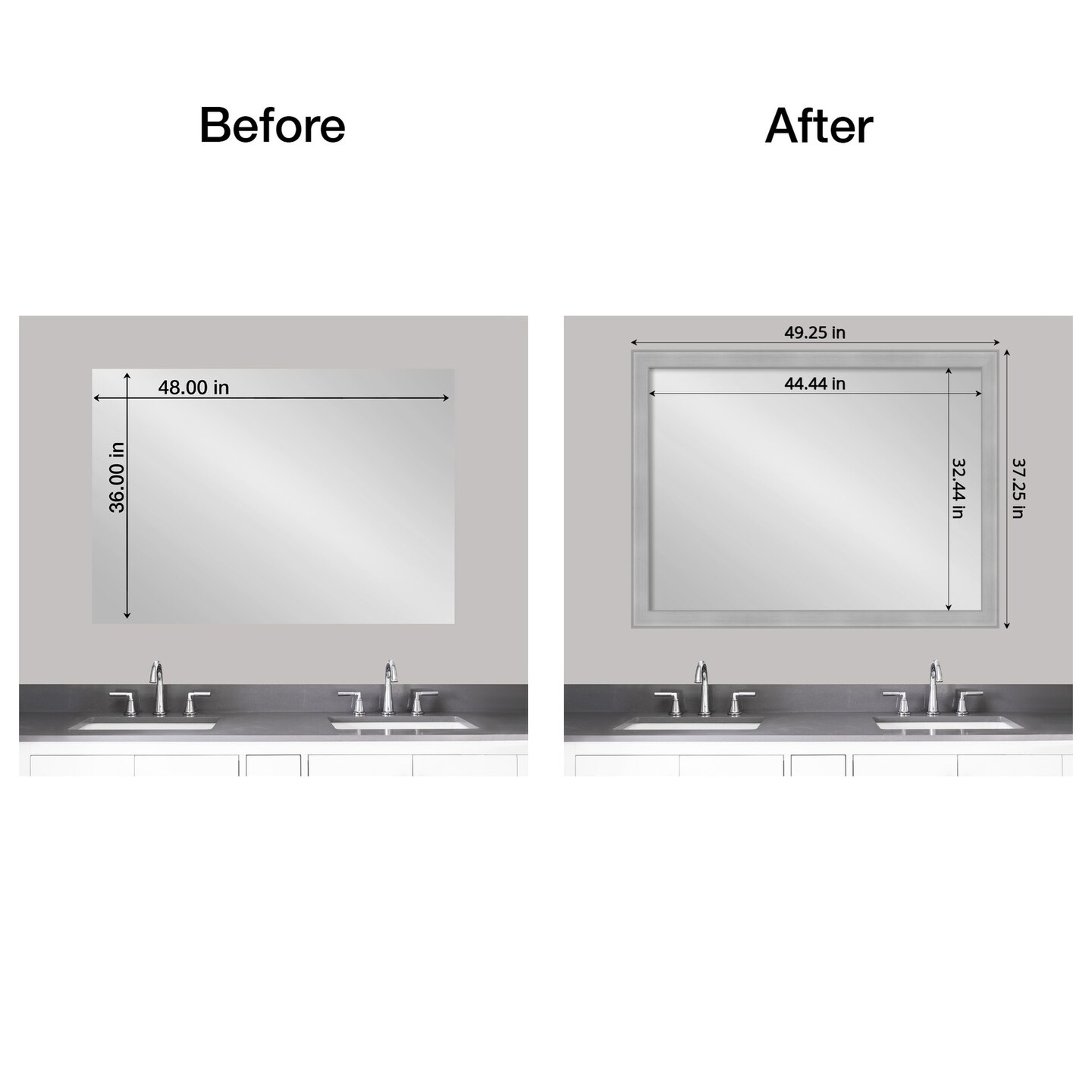 Amanti Art Mirror Makeover Bathroom Mirror Frame Border Kit - Fully Assembled Peel and Stick Frame - Mirror NOT Included - Vista Brushed Nickel Trim