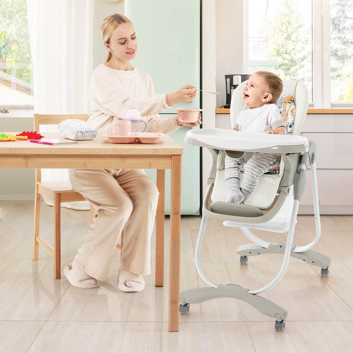 Costway High Chair for Babies &#x26; Toddlers with Rolling Wheels Adjustable Height Footrest White/Pink/Navy/Black