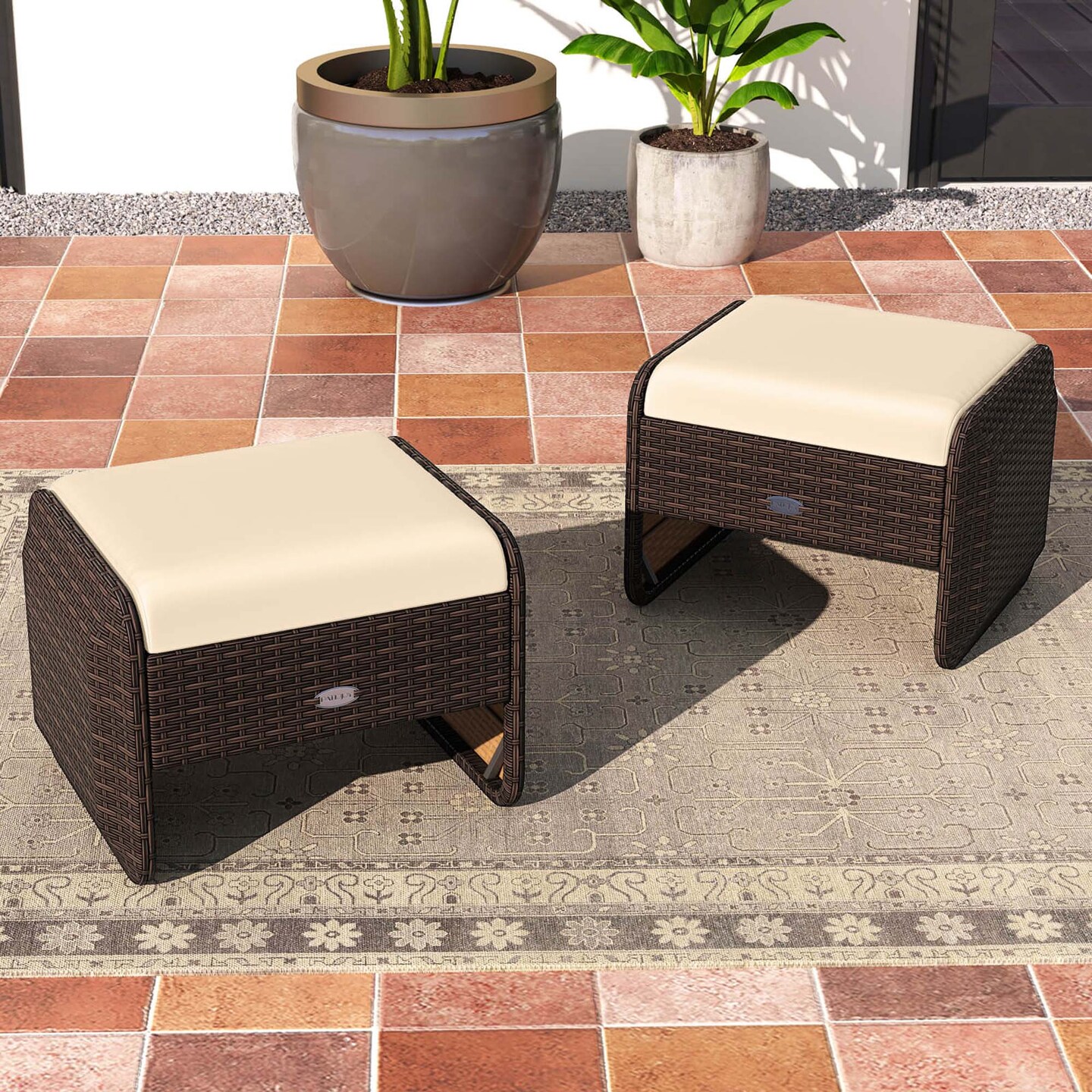 Costway 2 Pieces Outdoor Patio PE Wicker Ottomans with Removable Cushions Footstools Beige/Navy