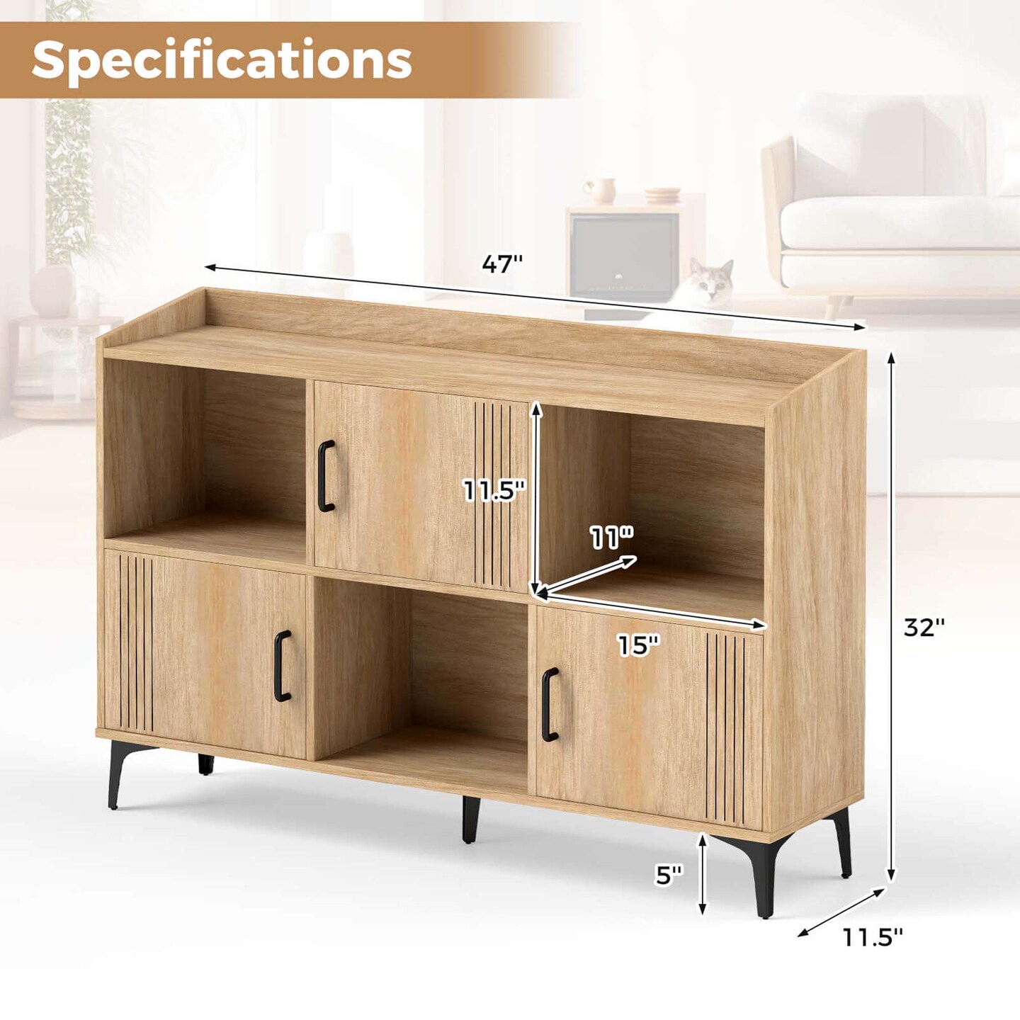 Costway 47" Wide Storage Cabinet Home Large Bookcase with 3 Door Cabinets & Open Shelves