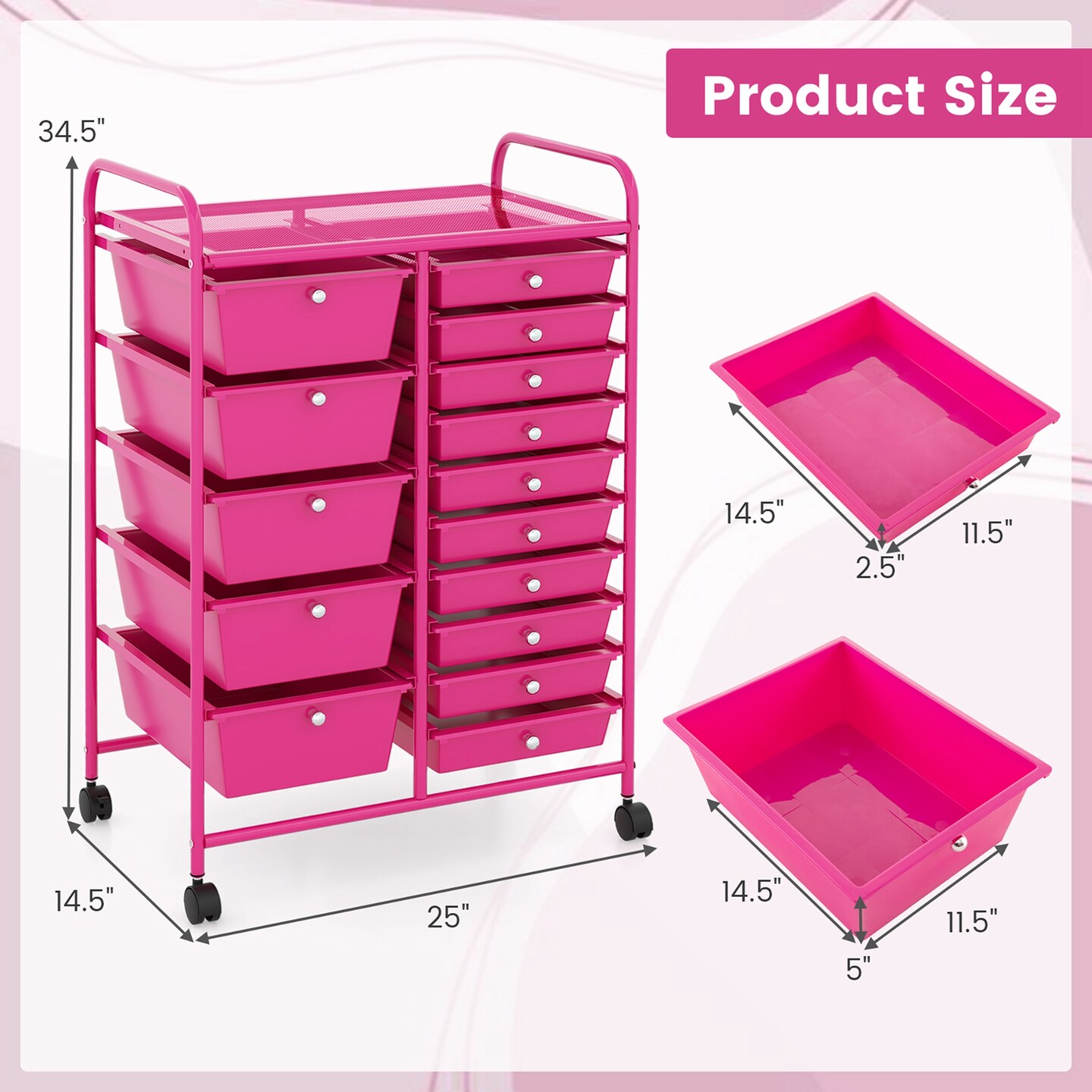 Costway 15 Drawer Rolling Storage Cart Tools Scrapbook Paper Office School Organizer Multicolored/Pink/Grey/Hot Pink/White/Black/Clear/Multicolor/Colorful/Mixed Pink