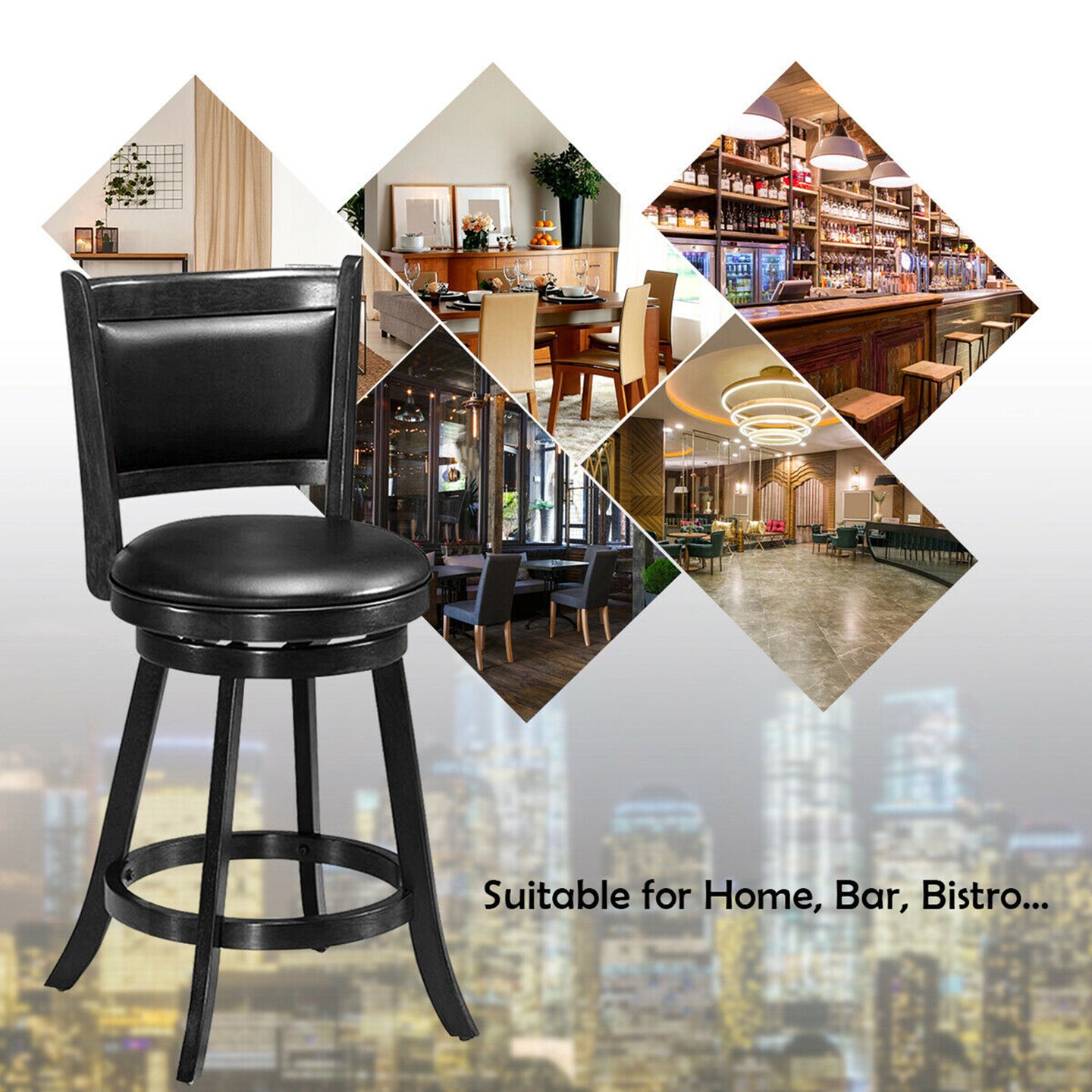 Costway 2PCS 24'' Swivel Counter Stool Dining Chair Upholstered Seat Black