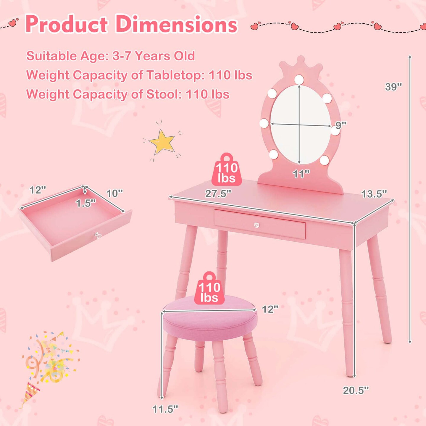 Costway Kids Vanity Set Princess Vanity Table & Chair Set with Lighted Mirror White/Pink/Purple