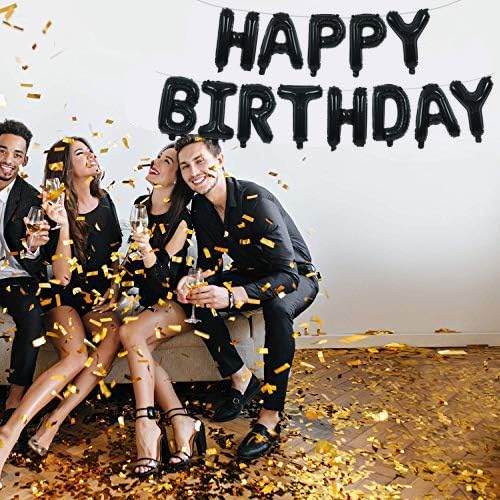 Black "Happy Birthday" Foil Letter Balloon Banner – 16 Inch Mylar Reusable Birthday Sign Bunting, Perfect for 30th, 40th, 50th, 60th Adults and Halloween Parties (Black)