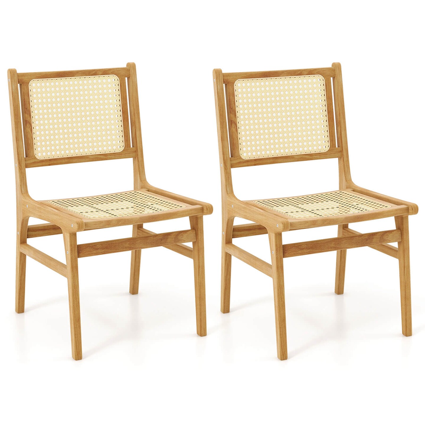 Costway 1/2 PCS Rattan Dining Chair with Natural Cane Woven Backrest & Seat & Teak Wood Frame