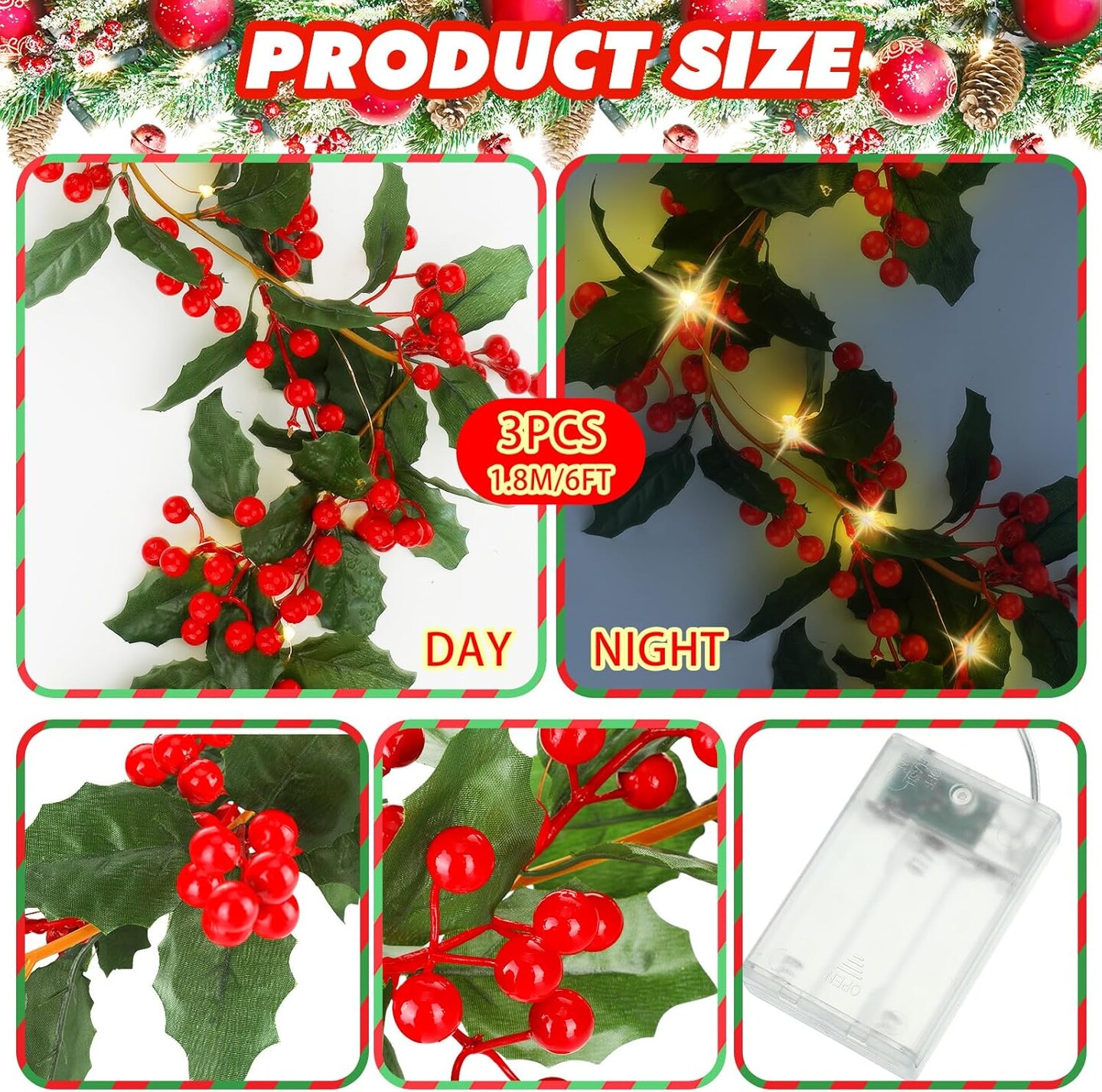 18 ft 3 Pcs Lighted Christmas Garland with Red Berry