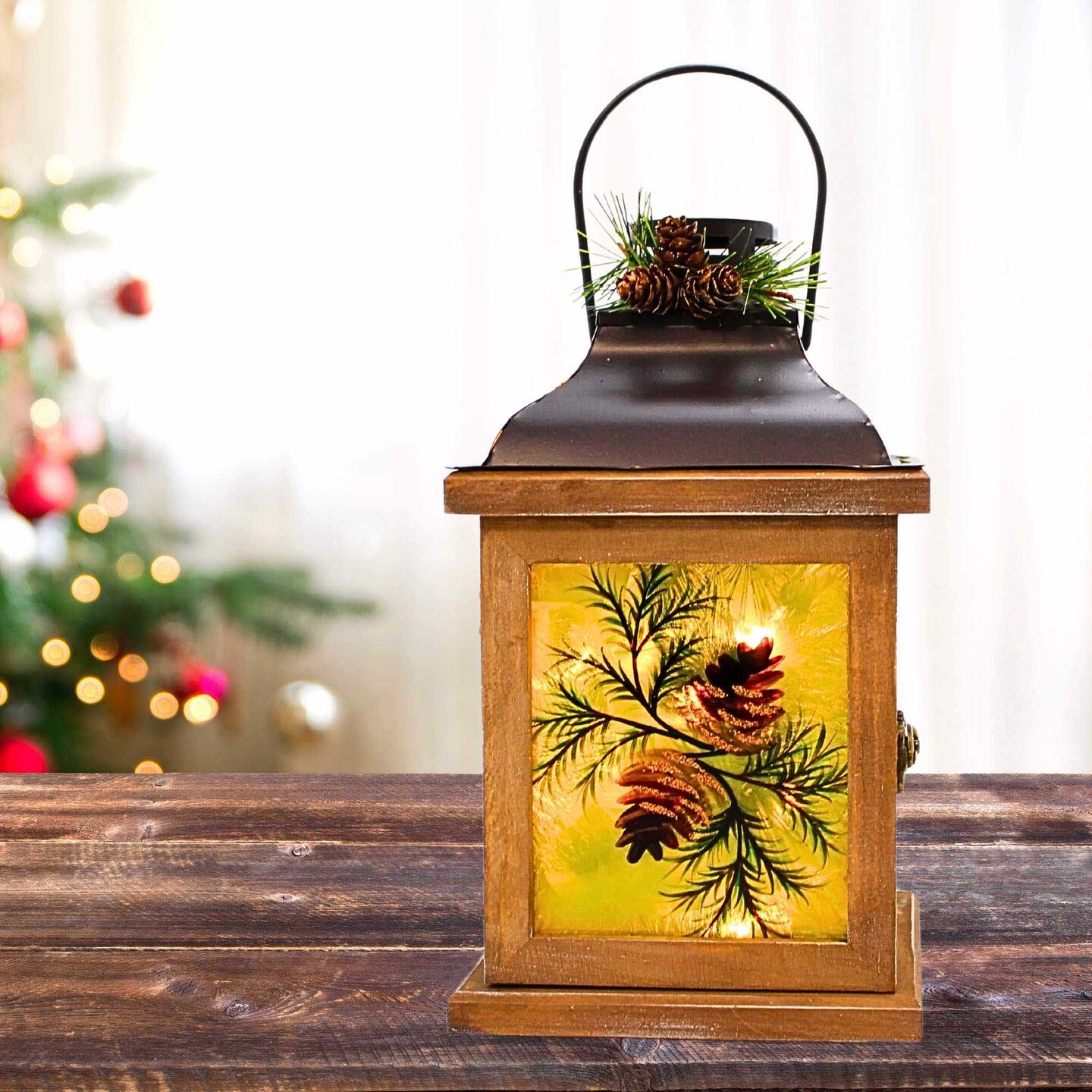 Stony Creek 10.5 Inch Whispering Pines Pre-Lit Lantern Thanksgiving Lighted Glass Accent , Christmas Decor Pine Cones Greenery