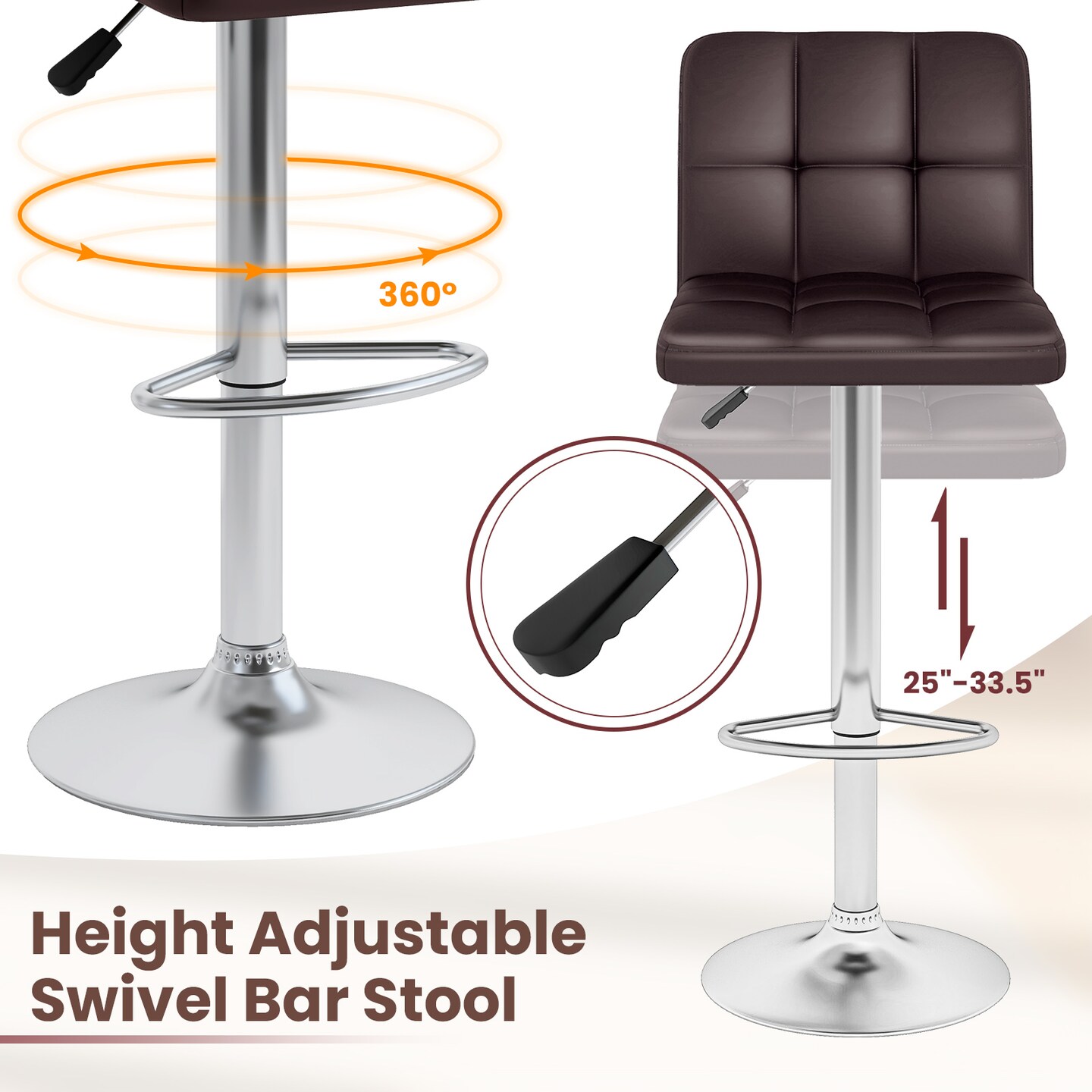 Modern Bar Stools Set of 2 with Back Support, Heavy-Duty Metal Base, Footrest, and Adjustable Height