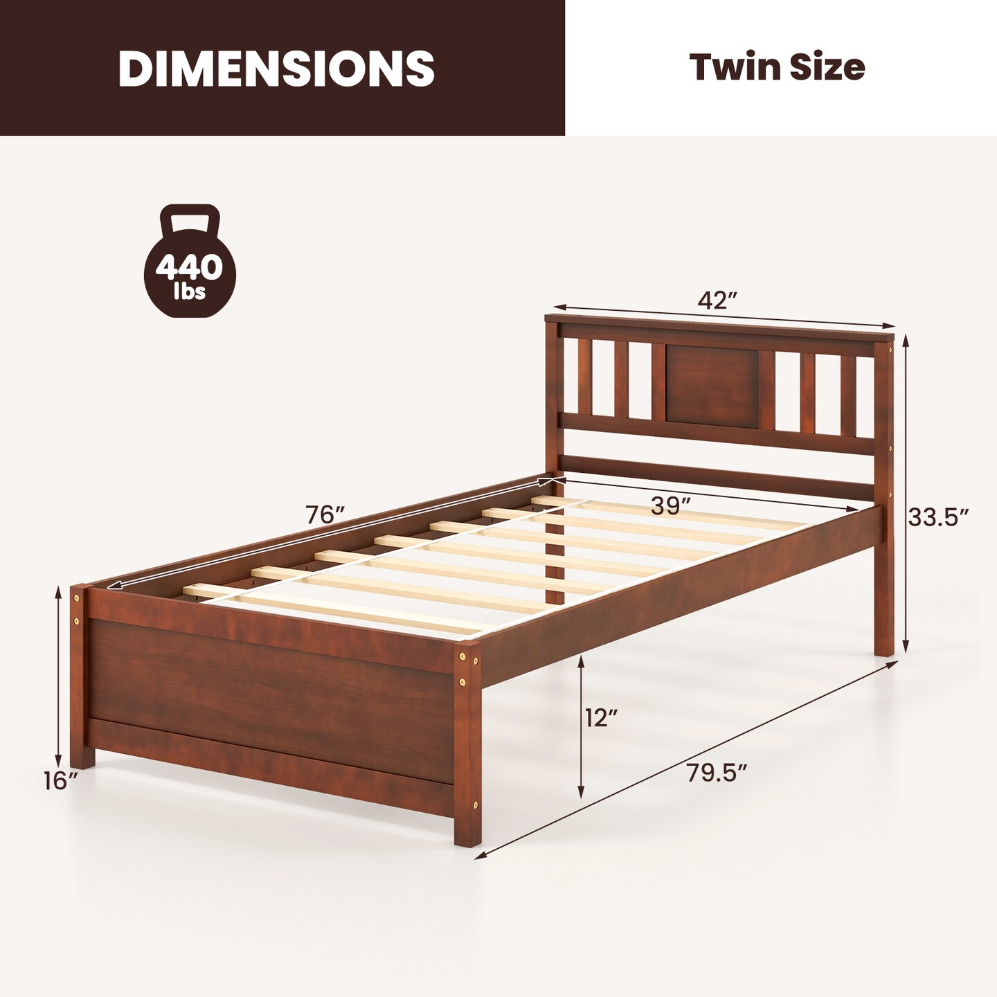 Wooden Platform Bed with Headboard and Slat Support