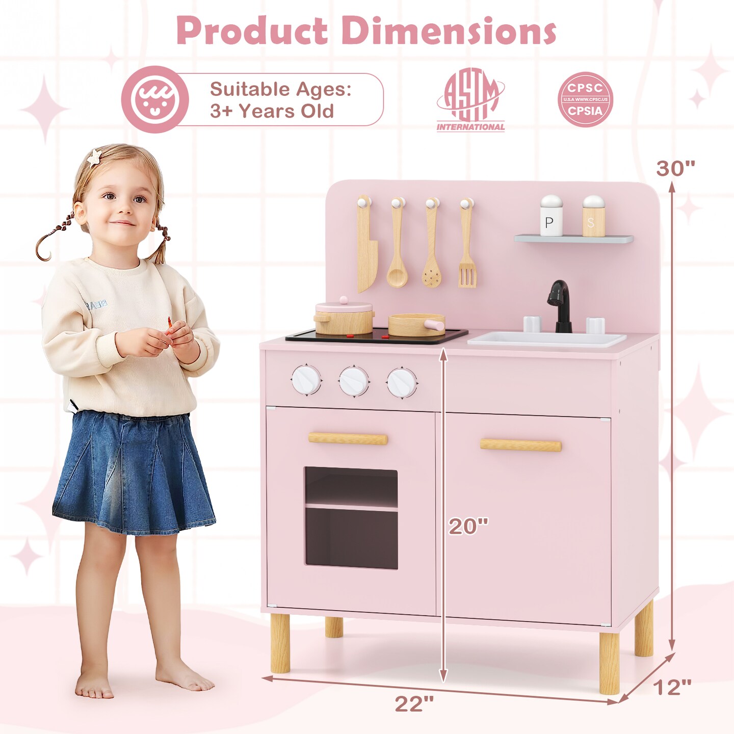 Plastic Kids Kitchen Playset with Cooking Accessories and Storage Compartments