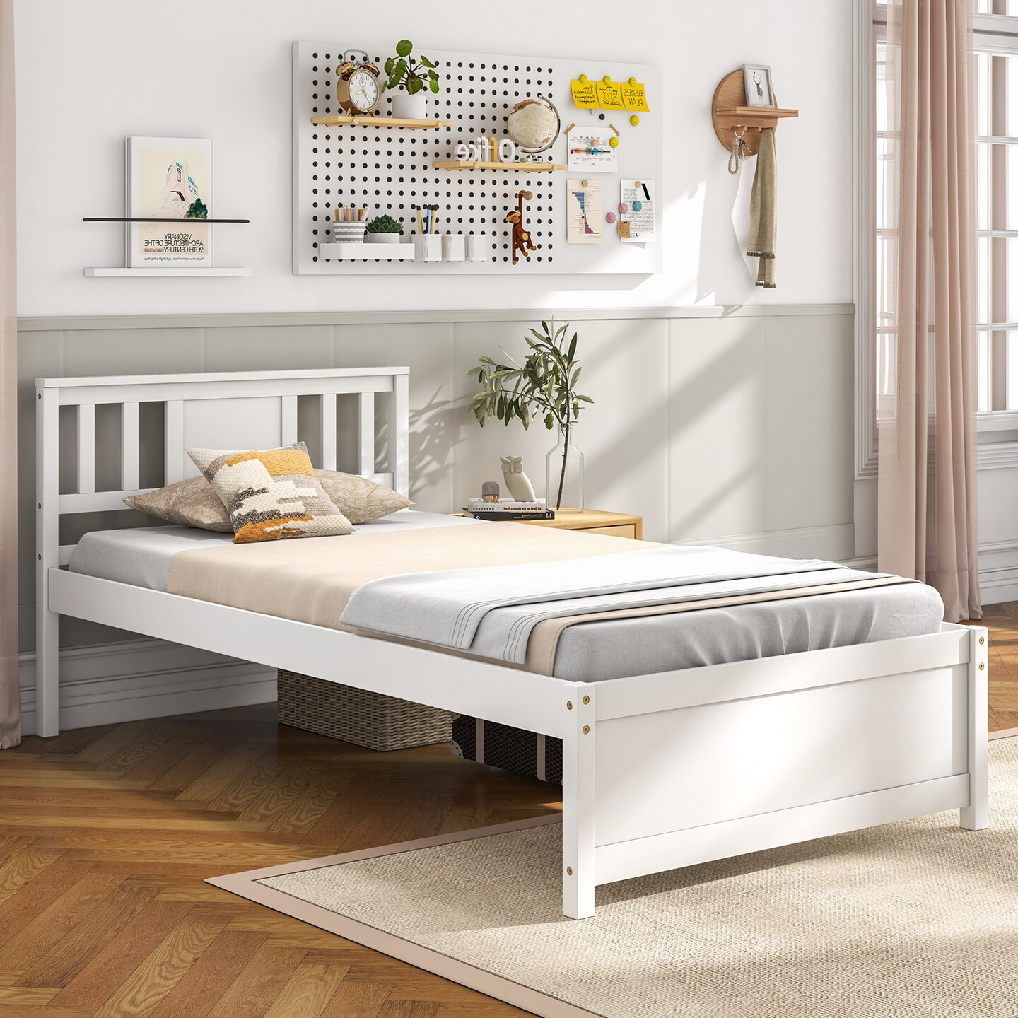 Wooden Platform Bed with Headboard and Wood Slat Support White