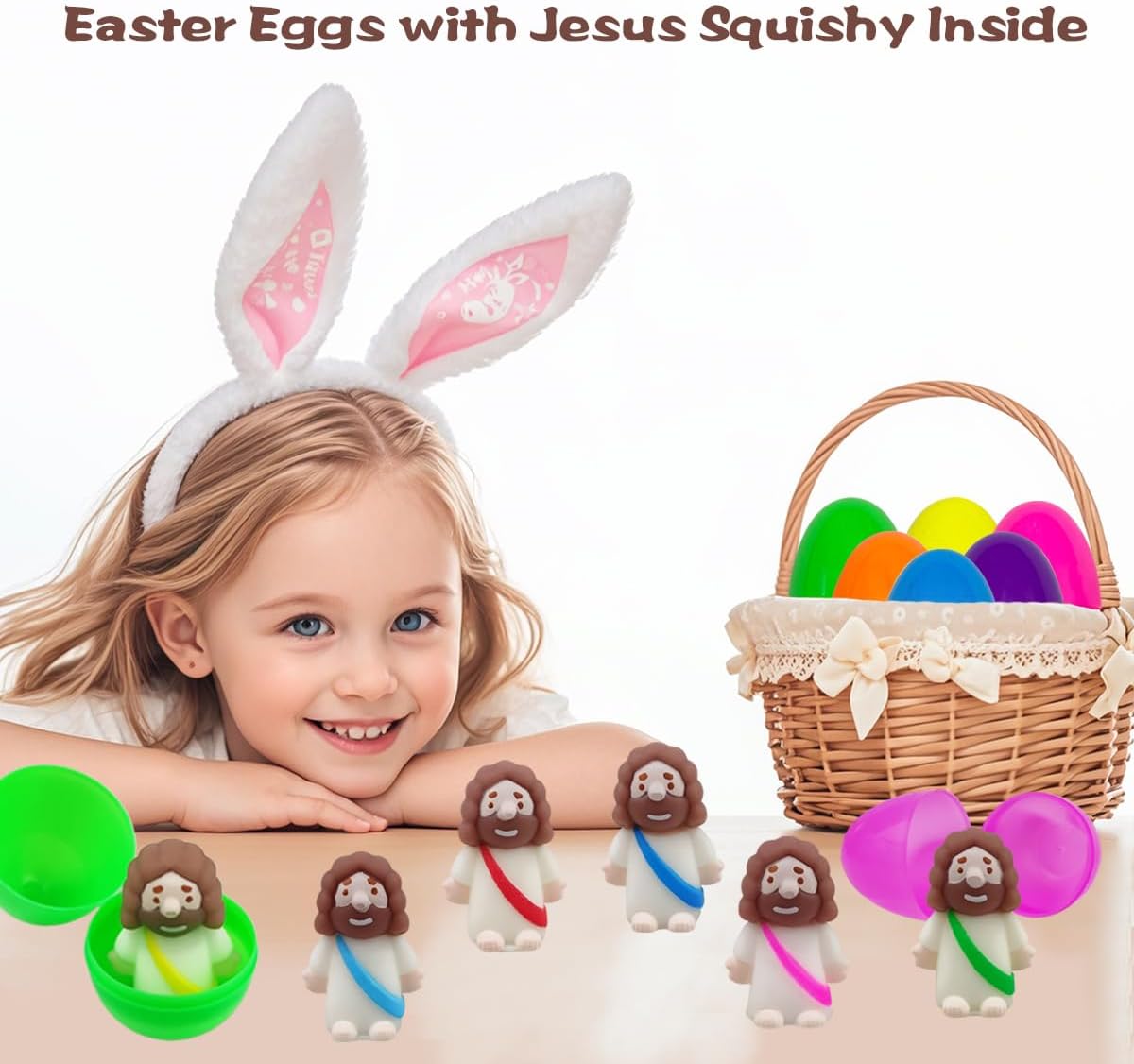 24 Pack Plastic Prefilled Easter Eggs with Mini Jesus Mochi Squishy Toys Inside