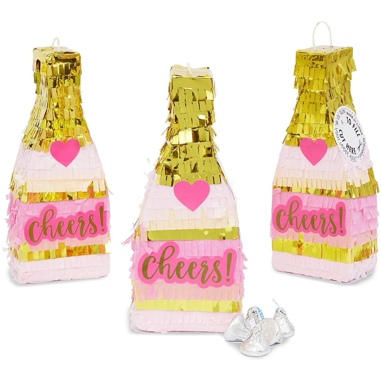 Mini Champagne Bottle Pinatas for Bachelorette Party (8 x 3.25 in, Pink with Gold Foil, 3 Pack)