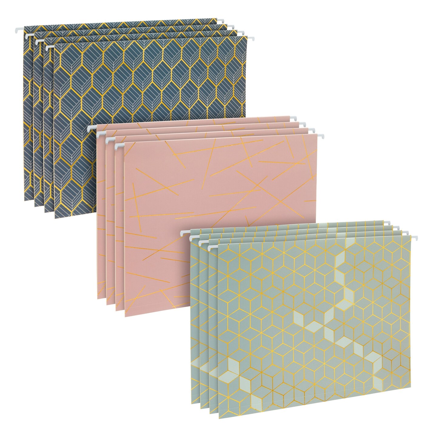 12 Pack Decorative Hanging File Folders with 1/5 Tab, Gold Foil Geometric Design (3 Colors, 11.75 x 9 In)