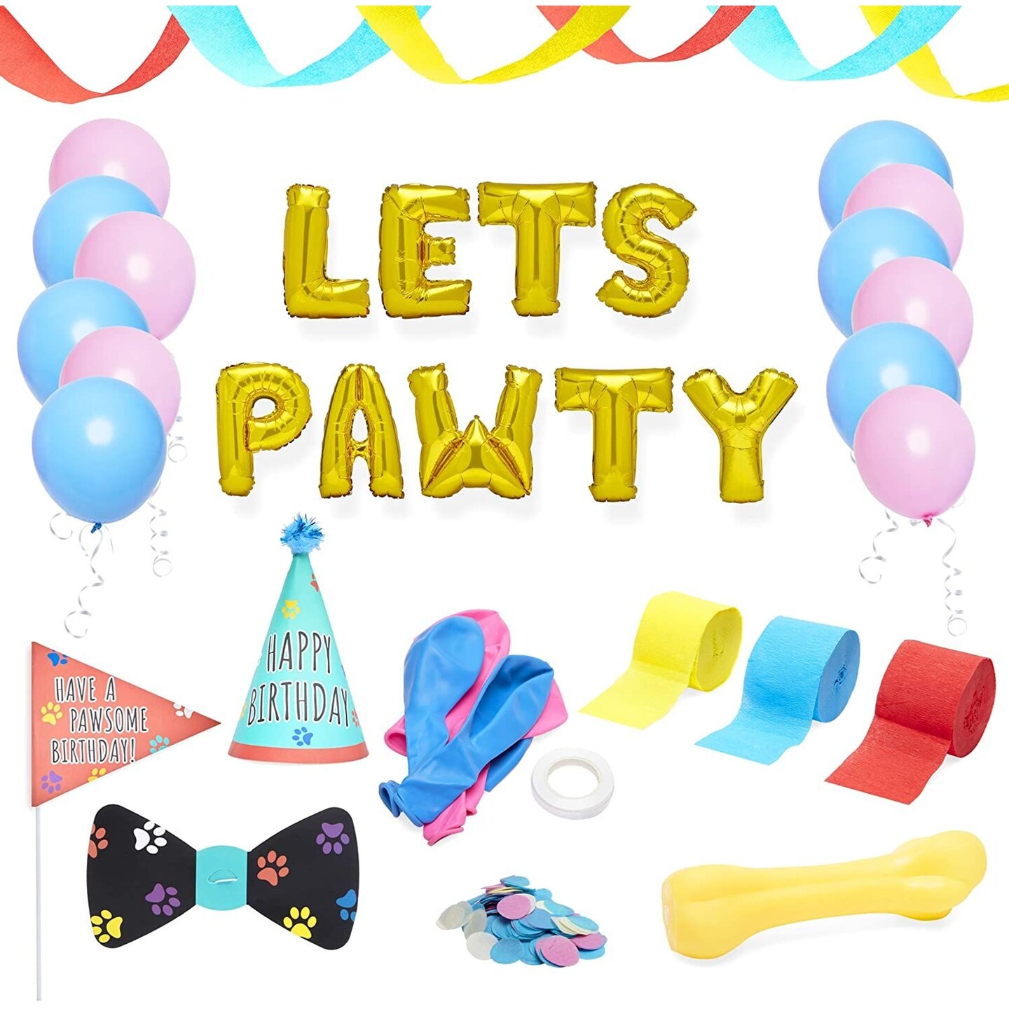 25 Pieces Dog Birthday Party Supplies, Lets Pawty Decorations Kit with Hat, Balloons, Streamers