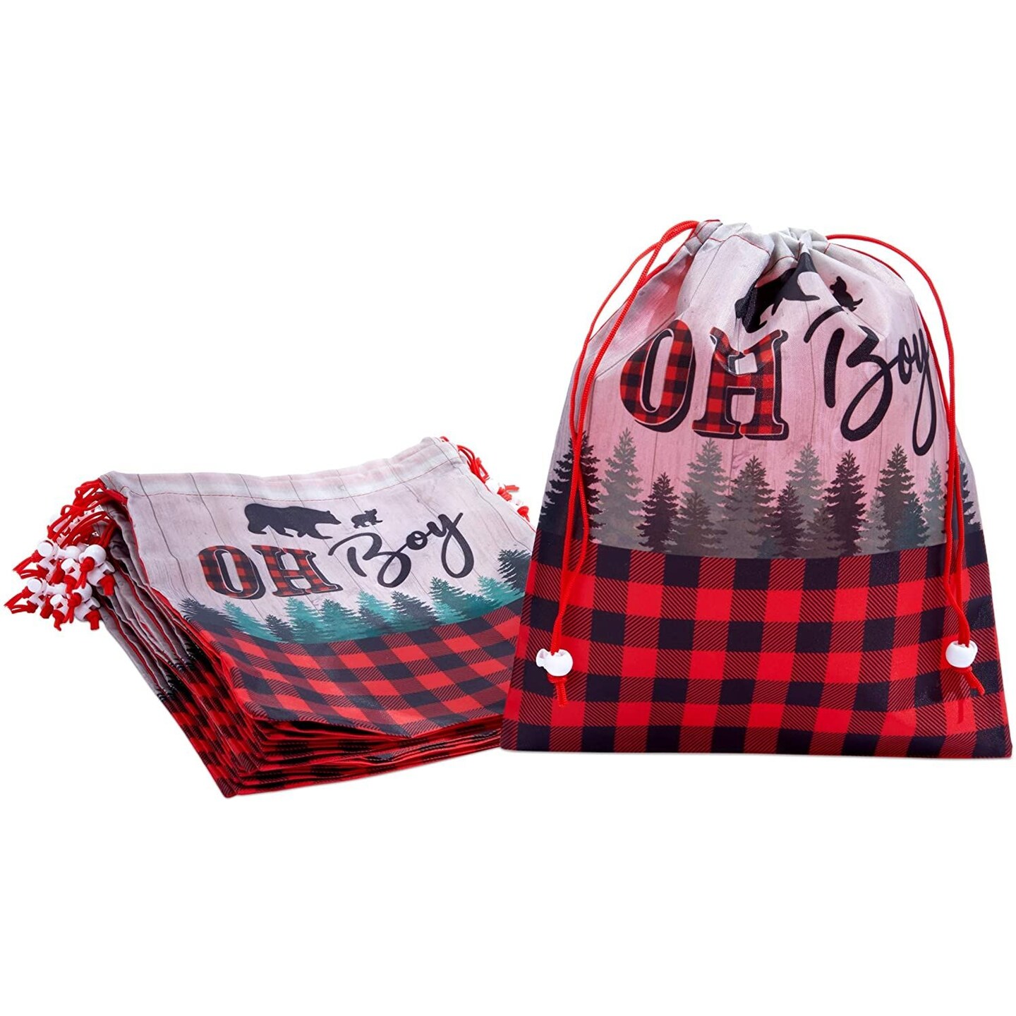 12 Pack Lumberjack Buffalo Plaid Drawstring Gift Bags for Boys Baby Shower &#x26; Kids Birthday Party Favors Goodie Bag, 10 x 12 in