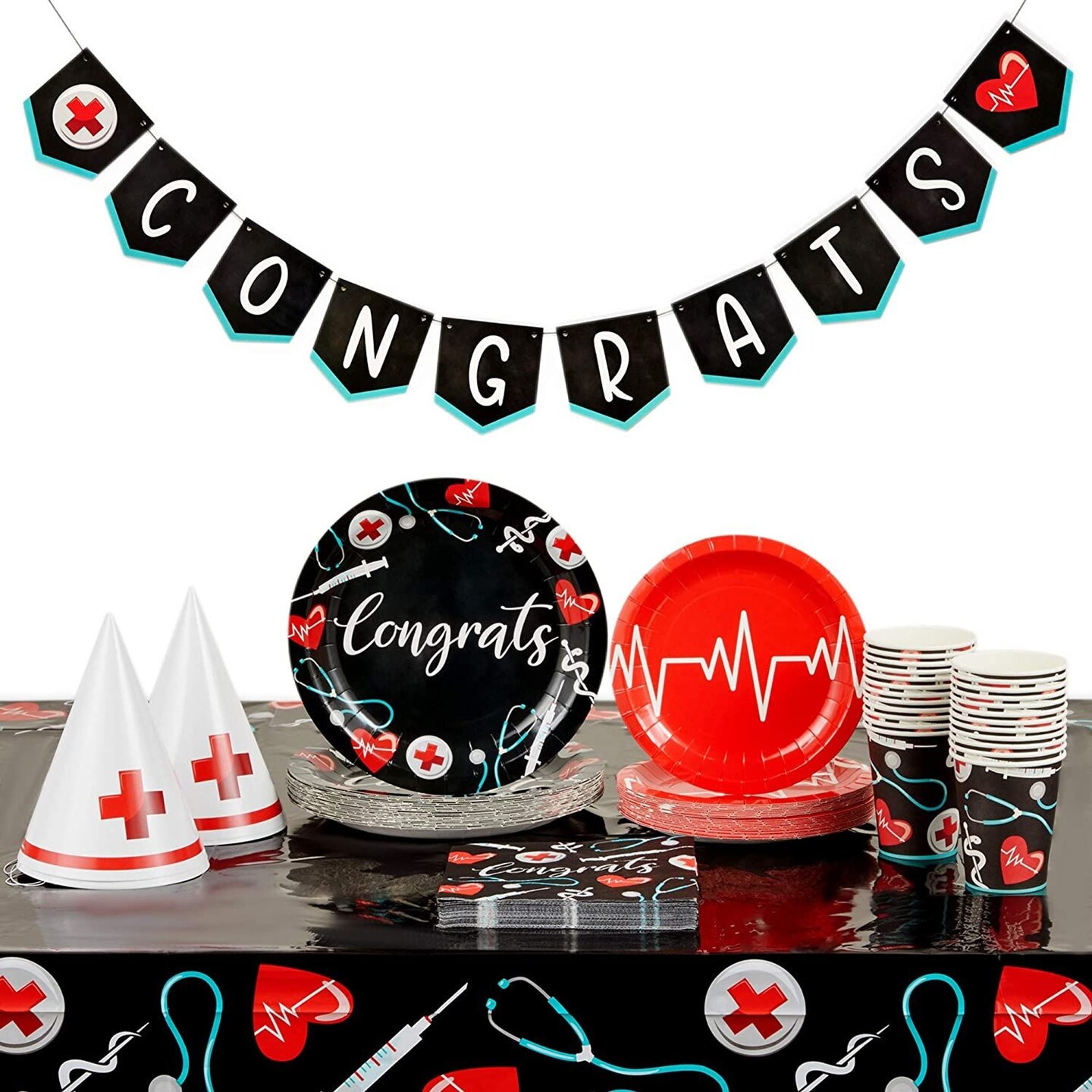 Nurse Graduation Decorations and Party Supplies Set, Serves 24 and Includes Plates, Napkins, Cups, Tablecloths, Hats, and Congrats Banner