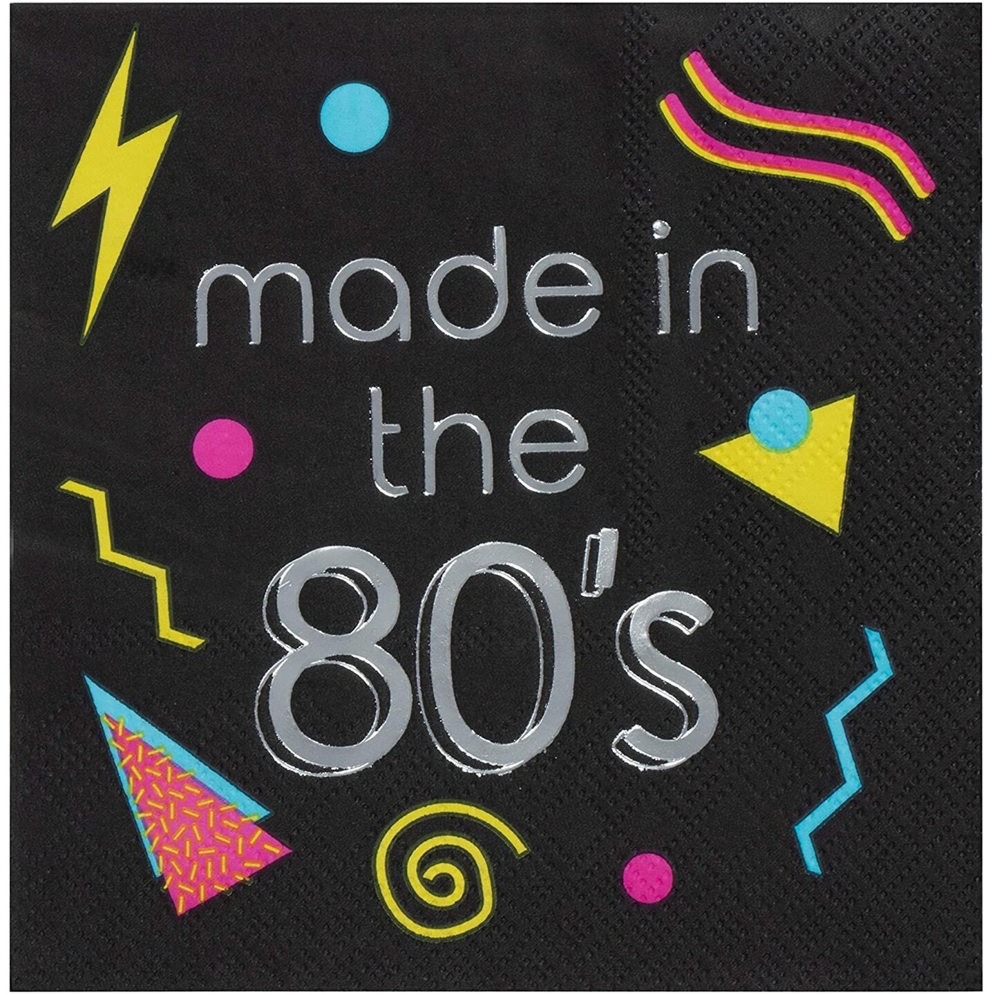 Made in the 80&#x2019;s Napkins for Birthday Parties (5 x 5 In, Black, 50 Pack)