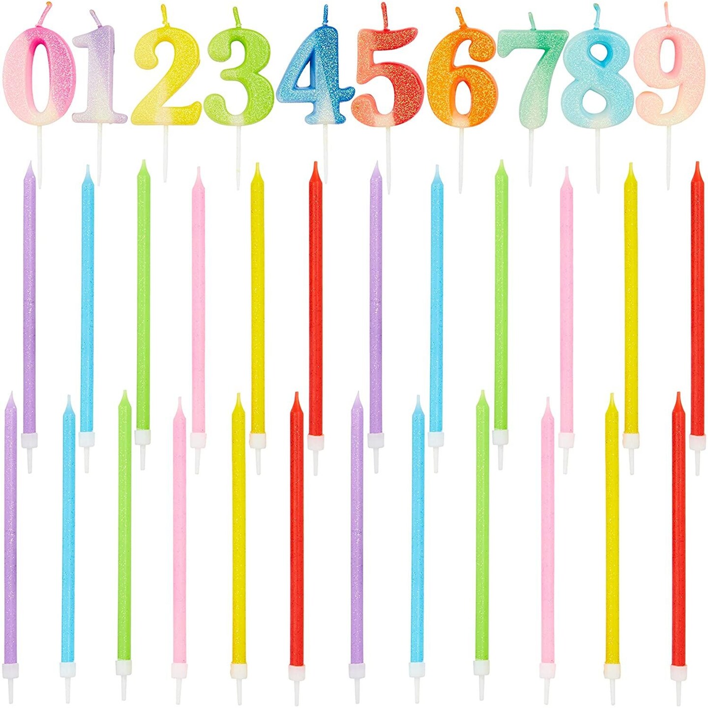 0-9 Large Number Candles &#x26; 24 Tall Thin Candles- Neon with Glitter Colors