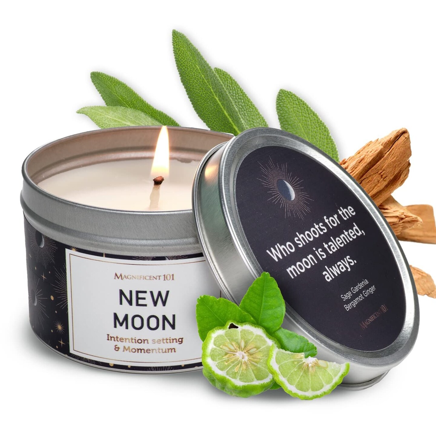MAGNIFICENT 101 Moon Sage Aromatherapy Candle - 6 Oz White Soy Wax - 35 Hour Burn - Energy Cleansing & Manifestation