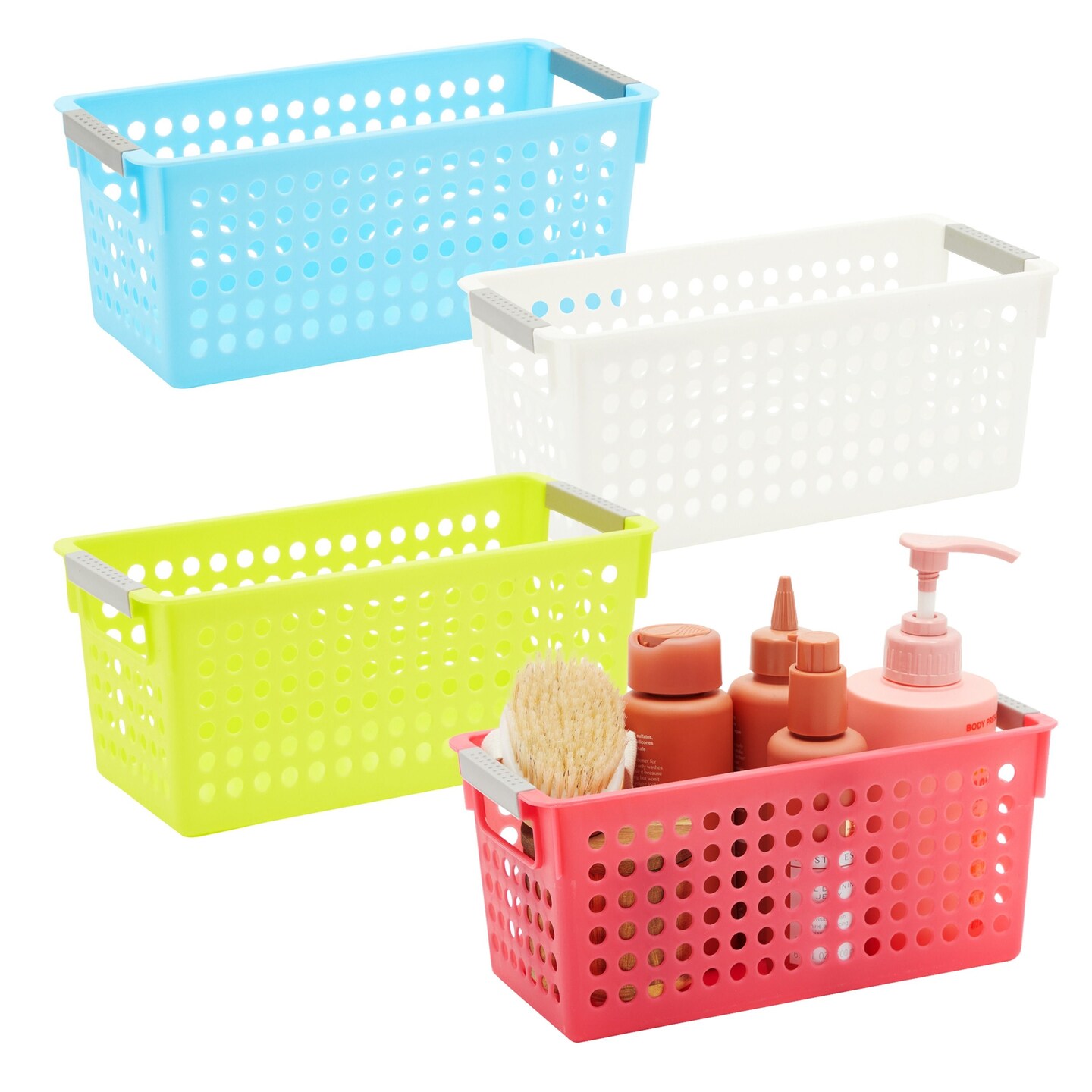 4 Pack Plastic Baskets with Handles, Narrow Storage Bins for Organizing, Kitchen and Laundry Shelves, Small Nesting Containers (4 Colors, 11.5 x 5 x 5 inch)