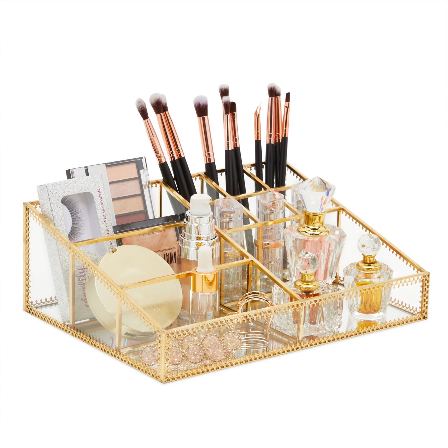 Glass Makeup Organizer with Gold Trim for Vanity, Cosmetic Storage (10.2 x 7.5 x 3.5 In)