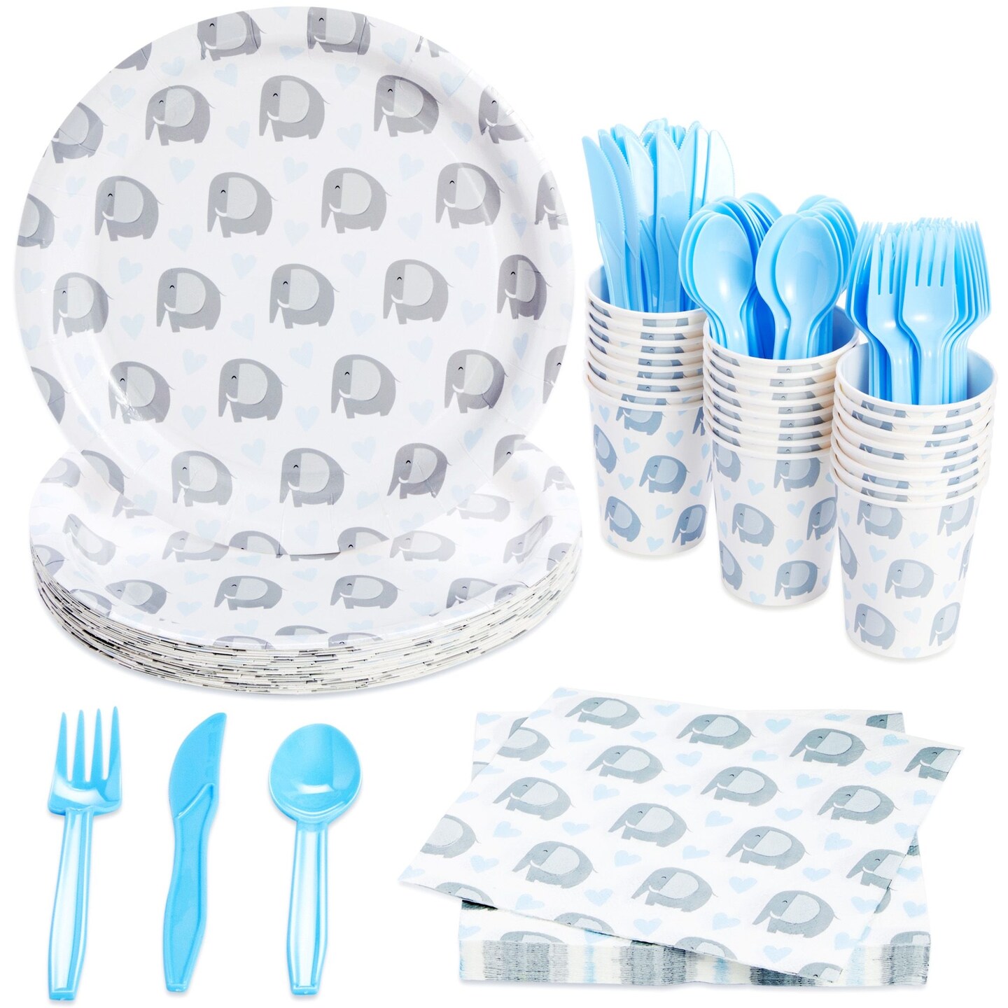 Elephant Baby Shower Decorations for Boy Theme, Baby Boy Birthday Party Supplies With Paper Plates, Napkins, Cups, and Cutlery (Serves 24 Guests, 144-Piece Set)