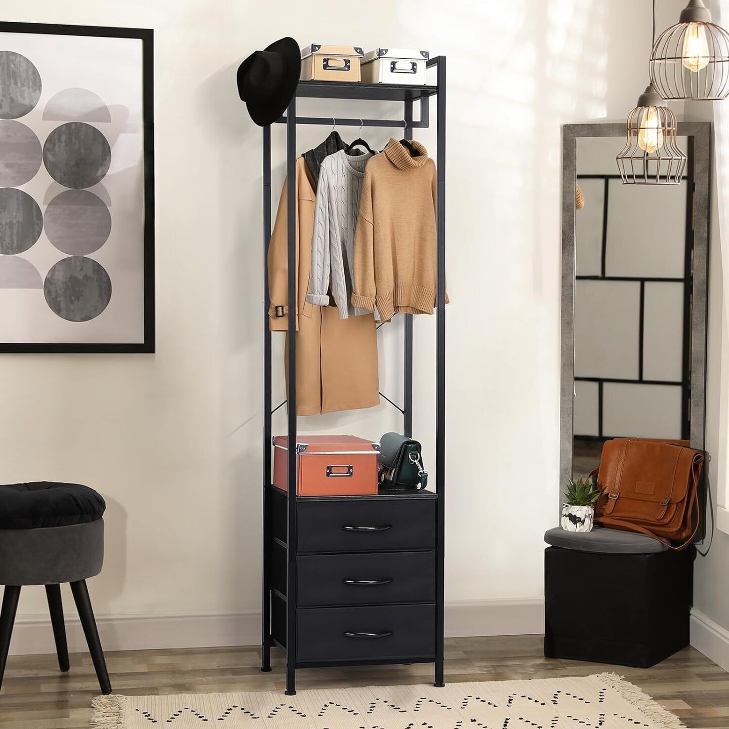 Heavy Duty Garment Rack with 3 Drawers & Shelves | 71" Tall Multi-Functional Clothing Organizer | Industrial-Strength Metal & Pine Wood Wardrobe for Bedroom, Entryway