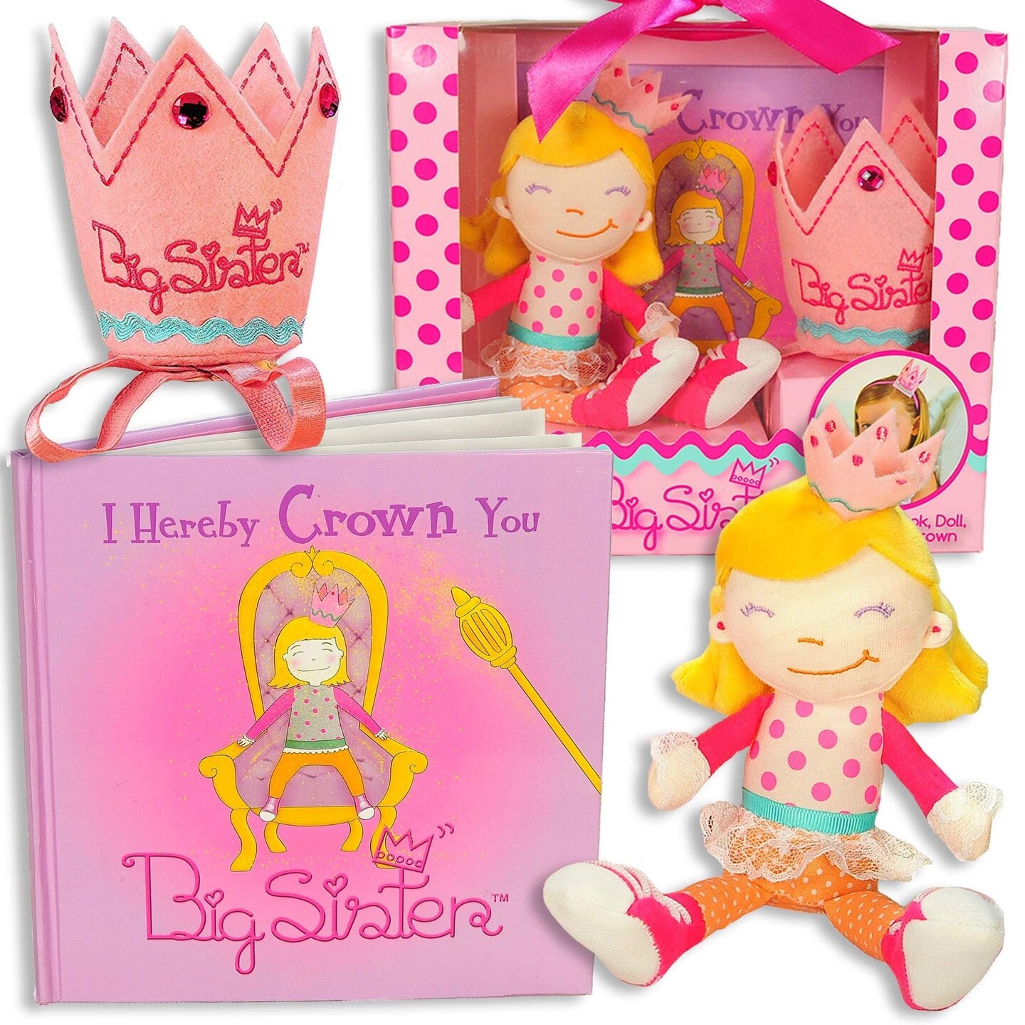 Tickle &#x26; Main 3 Pcs Big Sister Gifts for Little Girls, Includes I Hereby Crown You Big Sister Book, Soft Cloth Doll, and Child Size Crown, Ideal for Announcing a New Sibling, Educational and Engaging