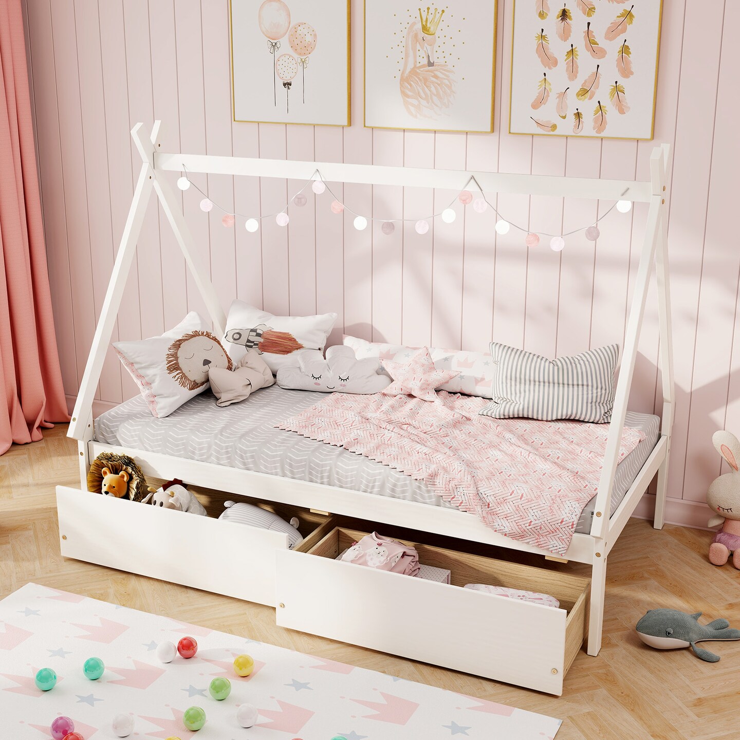 Wooden House Bed with Storage Drawers and DIY Playhouse Design for Kids