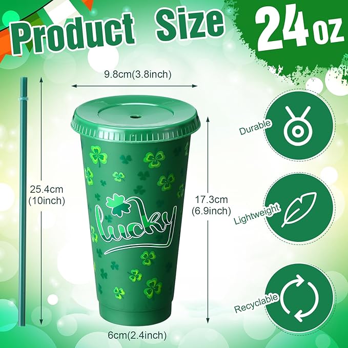 12 Pcs St. Patrick&#x27;s Day Plastic Cups 24 oz Reusable Irish Shamrock Sign Theme Tumbler with Lids and Straws Reusable Drinking Juice Cups for Patrick Day Irish Party Supplies Favors