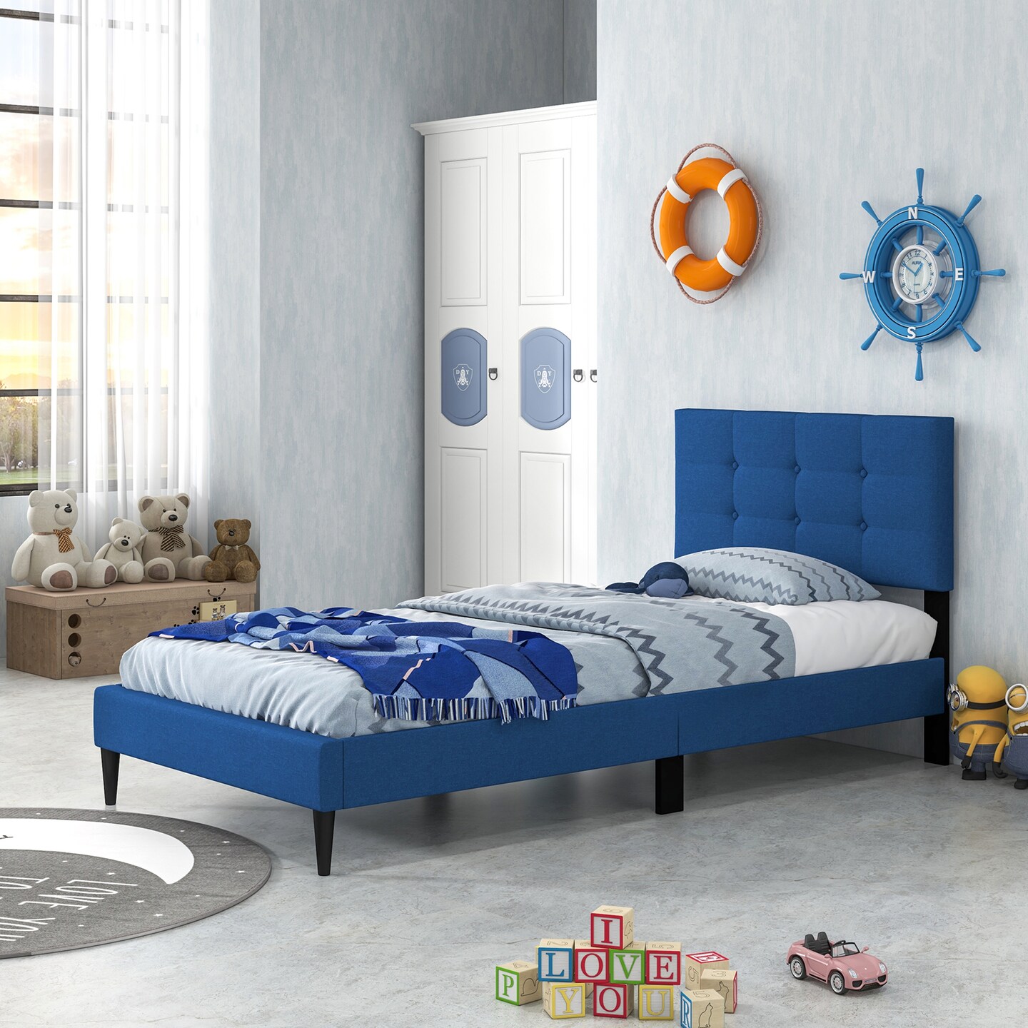 Linen Upholstered Twin Size Platform Bed with Button Tufted Headboard