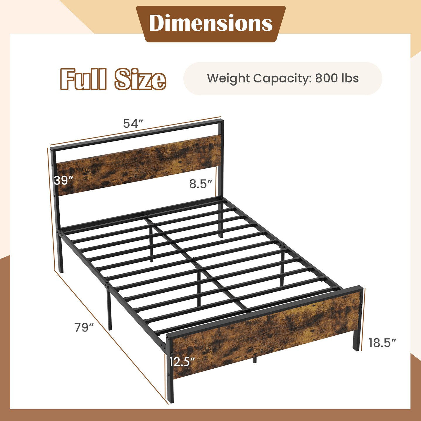 Metal Bed Frame Industrial Platform Bed with Wooden Headboard
