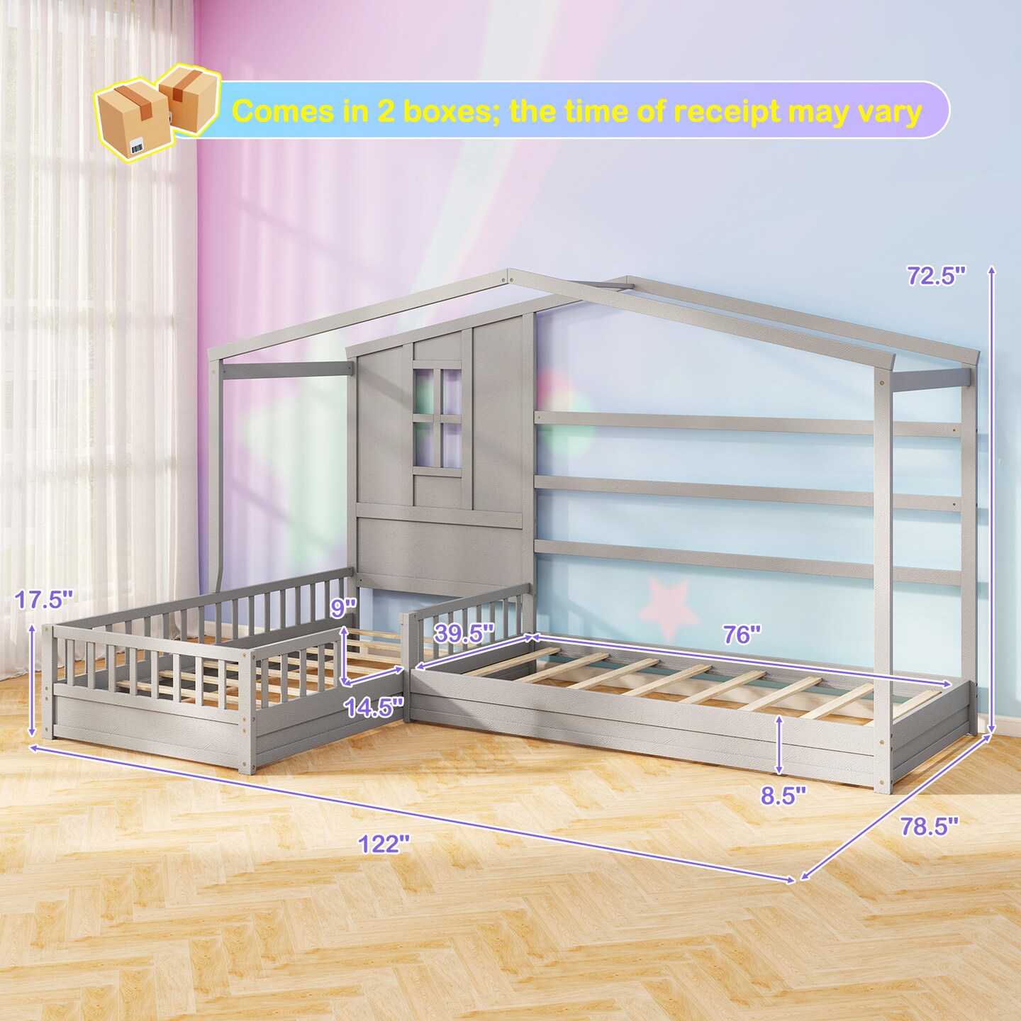 L-shaped Corner Twin House Bed with Guardrails, Creative Roof Design, Solid Wood Frame, and Easy Access