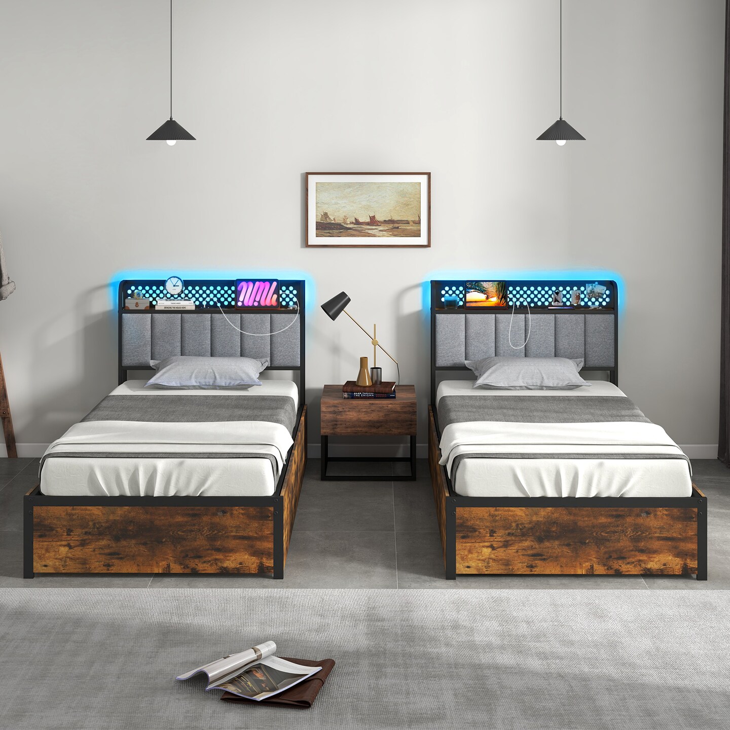 Twin/Full/Queen Bed Frame with LED Lights Upholstered Headboard and 4 Storage Drawers-Twin size
