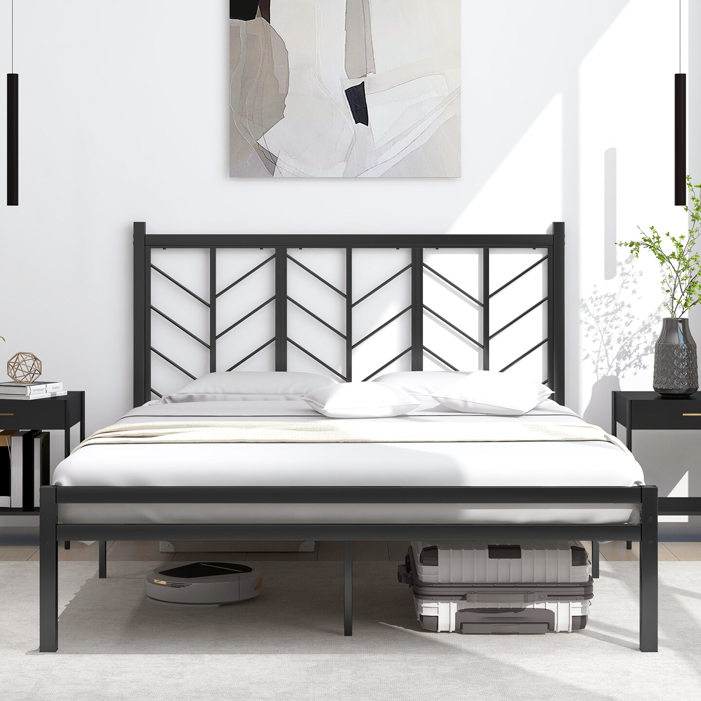 Black Platform Bed with Branches Shape Headboard Design and Metal Frame