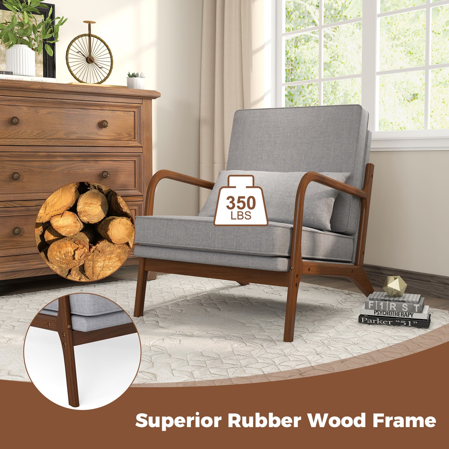 Modern Accent Chair with Rubber Wood Armrests, Removable Back, Comfortable Seating
