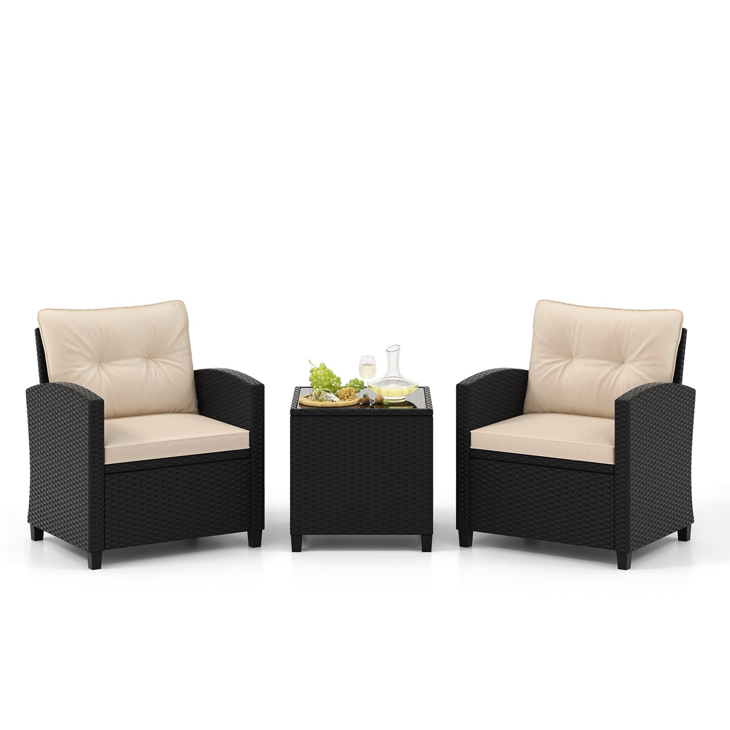 3-Piece PE Rattan Outdoor Furniture Set with Tempered Glass Table and Cushioned Armchairs
