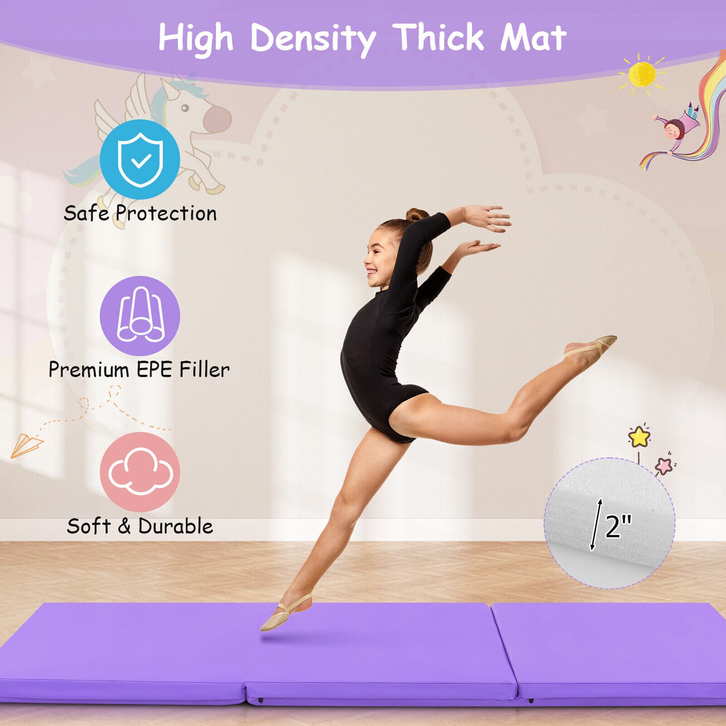 6 x 2 FT Tri-Fold Gym Mat with Handles and Removable Zippered Cover - 6' x 2' x 2"