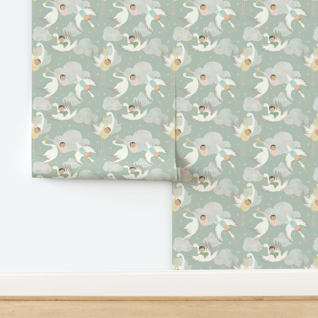Stork And Baby Sage Green Baby Nursery Pastel Whimsical Cute Toddler Kid Custom Removable Wallpaper by Spoonflower Peel & Stick Wallpaper 2FT Wide