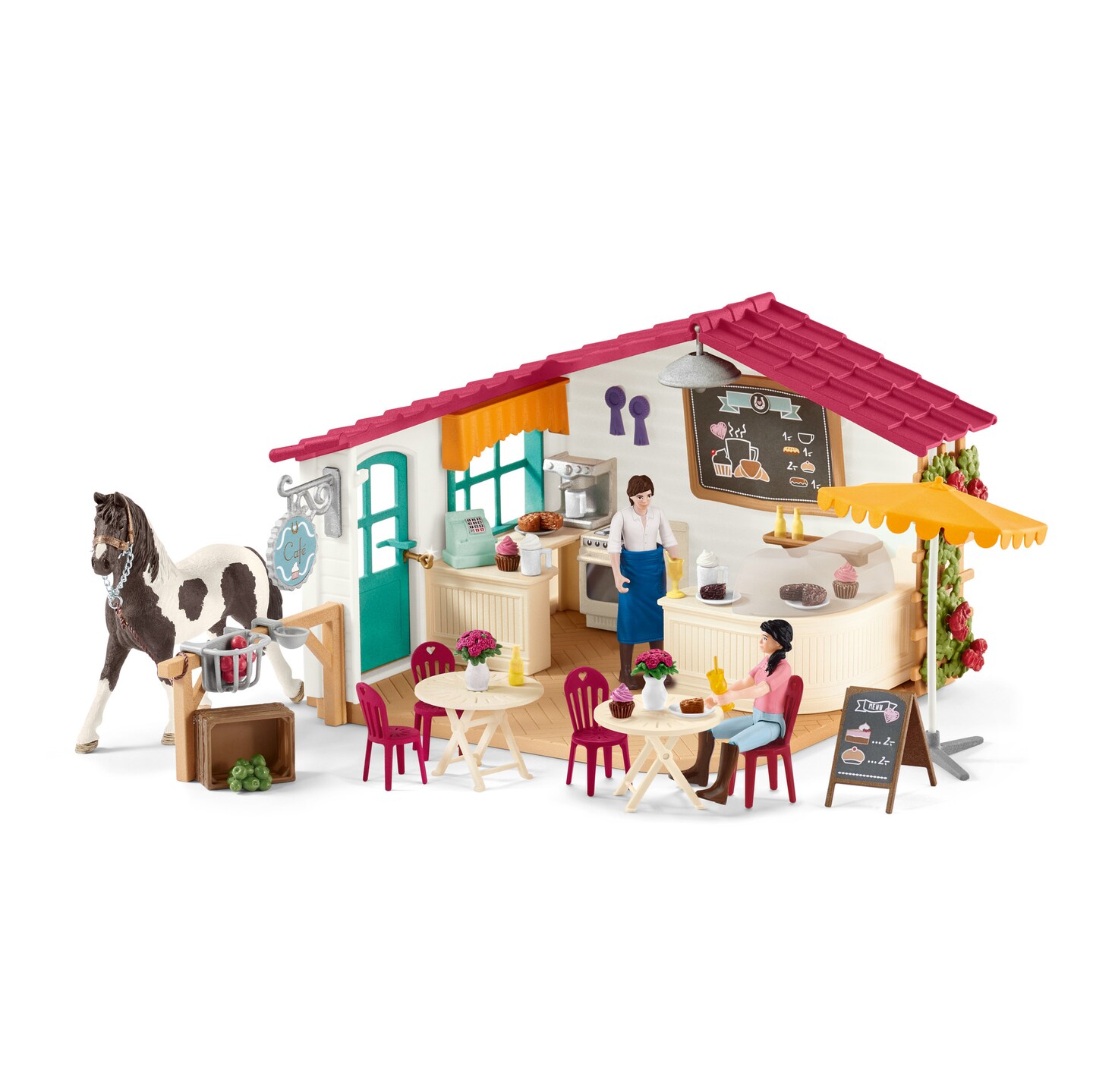 Schleich Horse Club: Rider Caf&#xE9; - 97pc Playset, Horse &#x26; Human Figurines, Kitchen Appliances, Food Accessories, Open Air Restaurant, Toy Kids Ages 5+