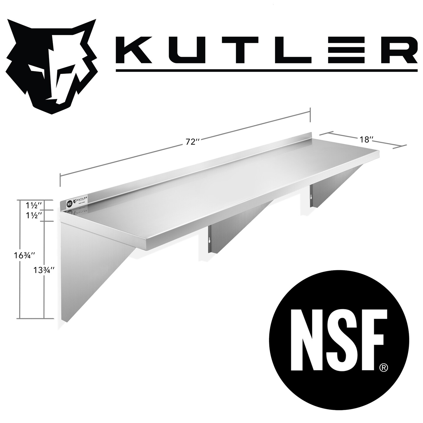 KUTLER Stainless Steel Shelf, NSF Commercial Wall Mount Shelves with Backsplash, Floating Metal Shelving for Restaurant, Kitchen, Home, Garage