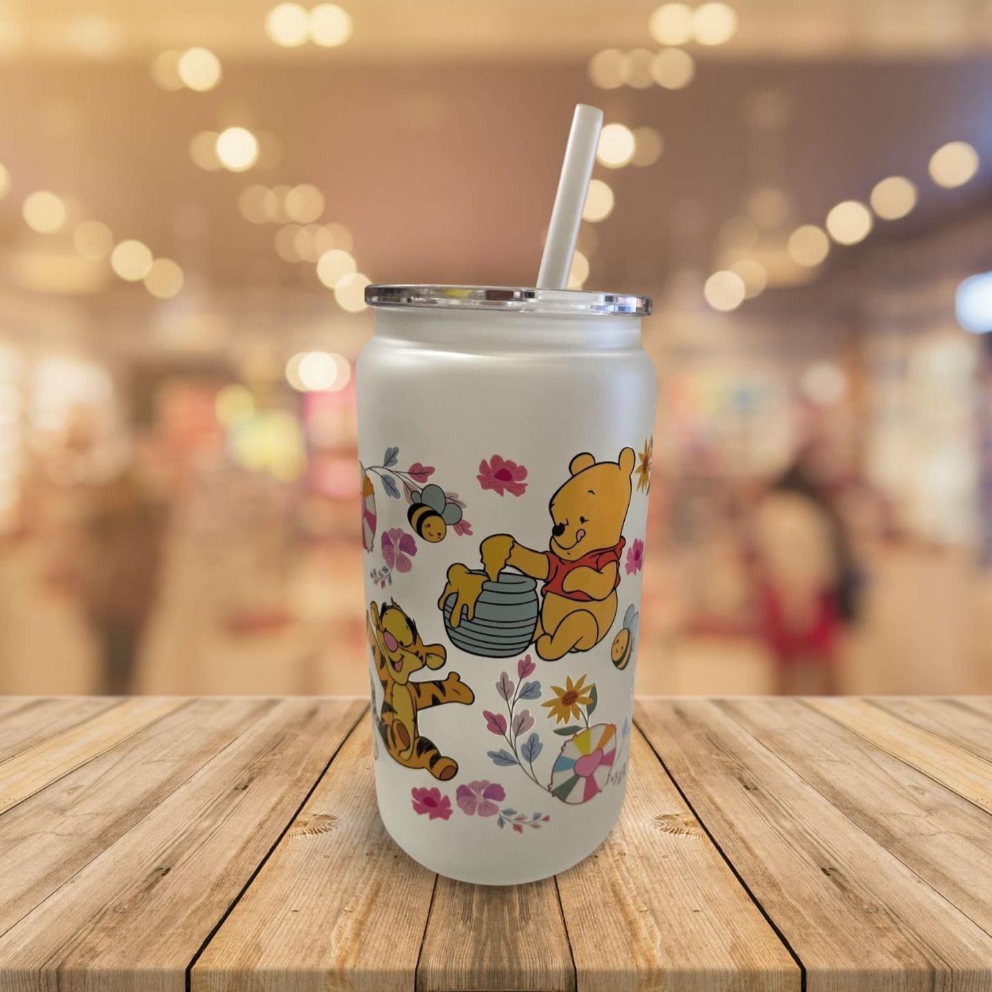 Sophisticated Sips: 16 oz Frosted Glass Can with Lid and Straw- Winnie the pooh product 4