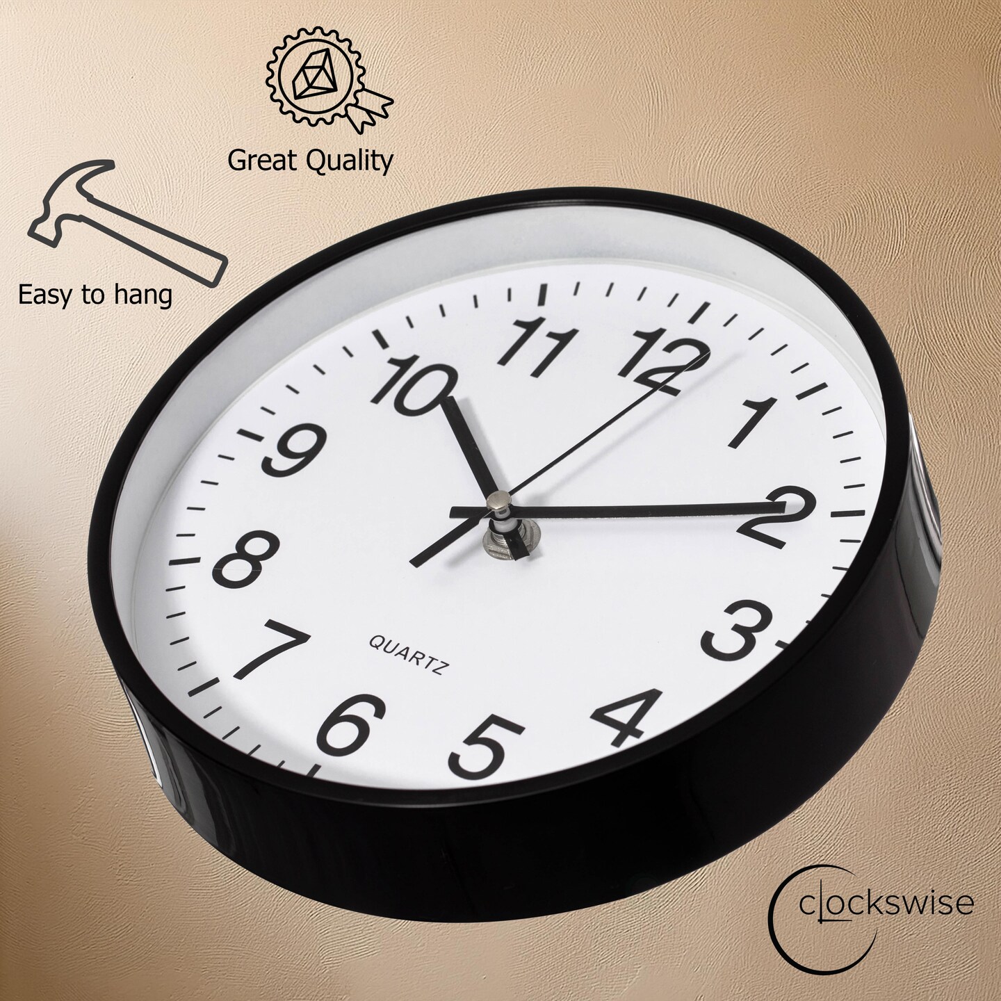 Clockswise Black Analog Clock &#x2013; Silent, Non-Ticking for Wall, Office Desk, Table and Shelf, Battery-Operated Perfect for Home Office, Farmhouse Kitchen Decor, Bathroom, School and Bedroom Decor