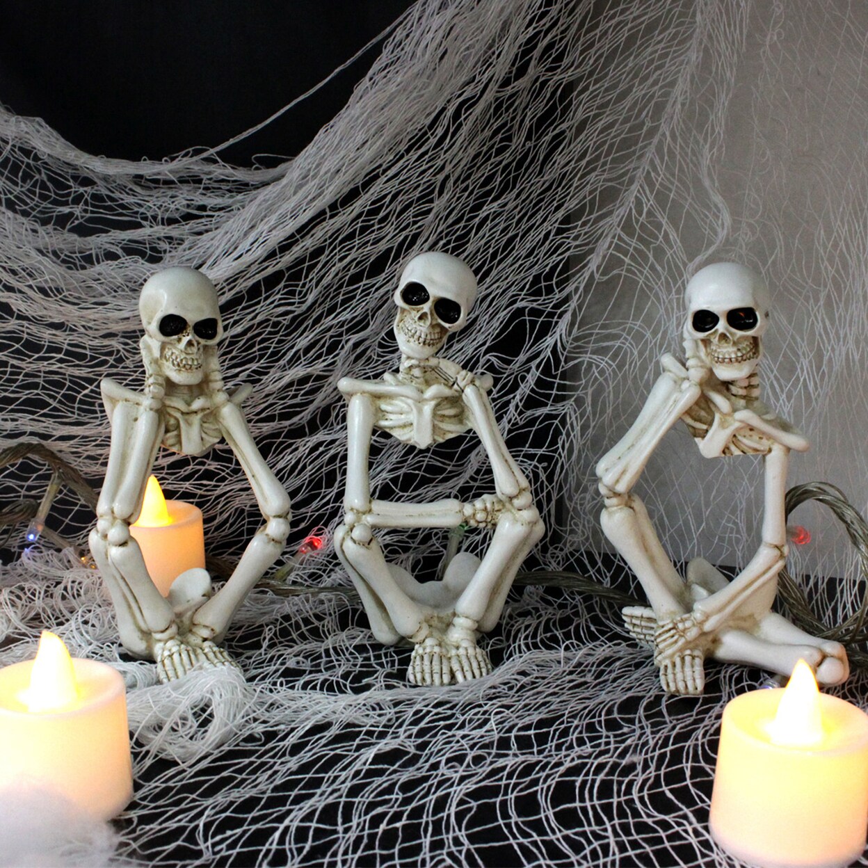 3Pcs White Thinker Skeleton Figurine Sitting Skull Resin Statue Sculpture Home Office Desktop Decoration Ornament