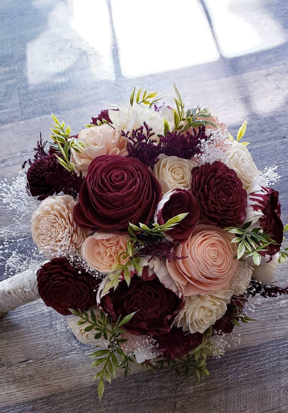 Burgundy And Blush Sola Wood Flower Bridal Bouquet | MakerPlace by
