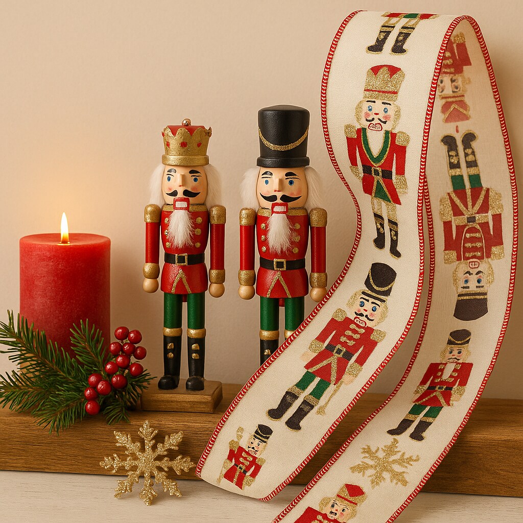 Designer&#x27;s Shop WR 63-5222 2.5&#x201D; x 10 yard Holiday Nutcracker with gold glitter wired edge ribbon