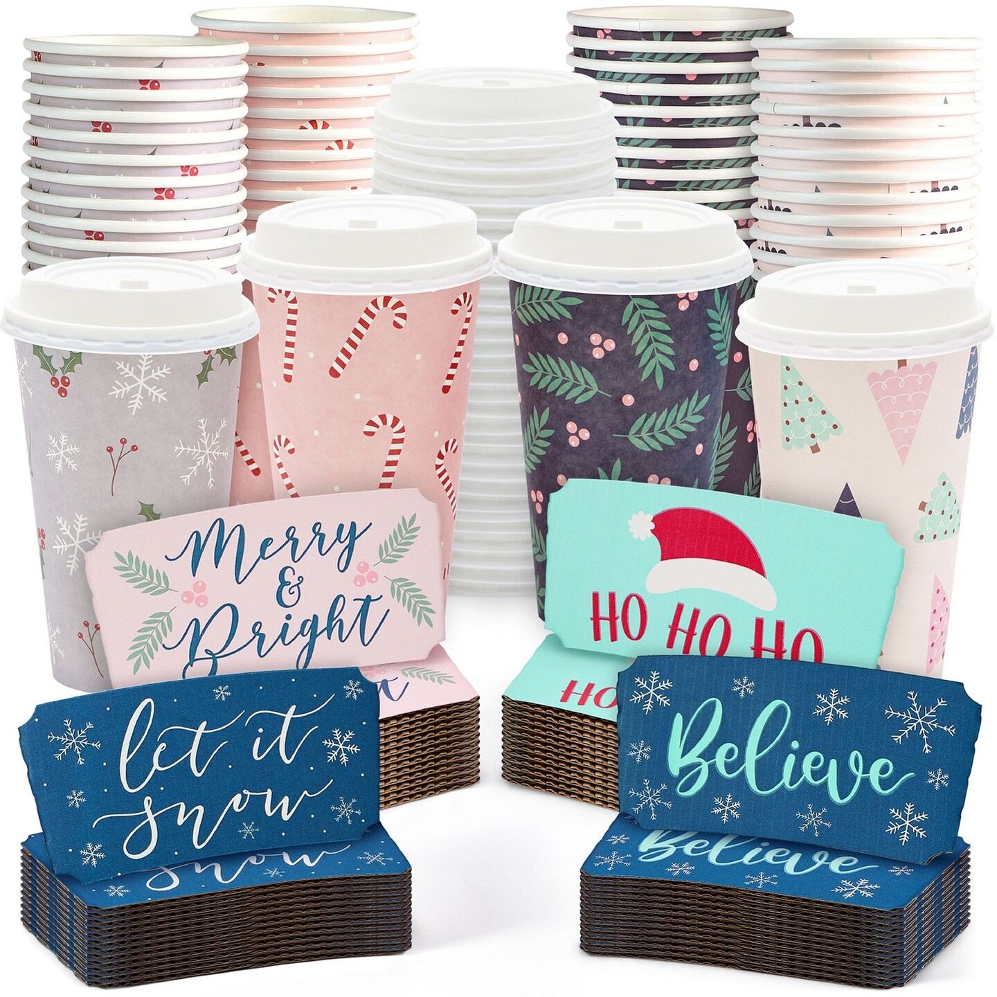 Sparkle and Bash 48 Piece Disposable Christmas Coffee Cups with Lids and Sleeves, 16oz Coffee Cups, 4 Xmas Holiday Designs, Christmas Paper Cups for Serving Tea, Coffee, Hot Cocoa